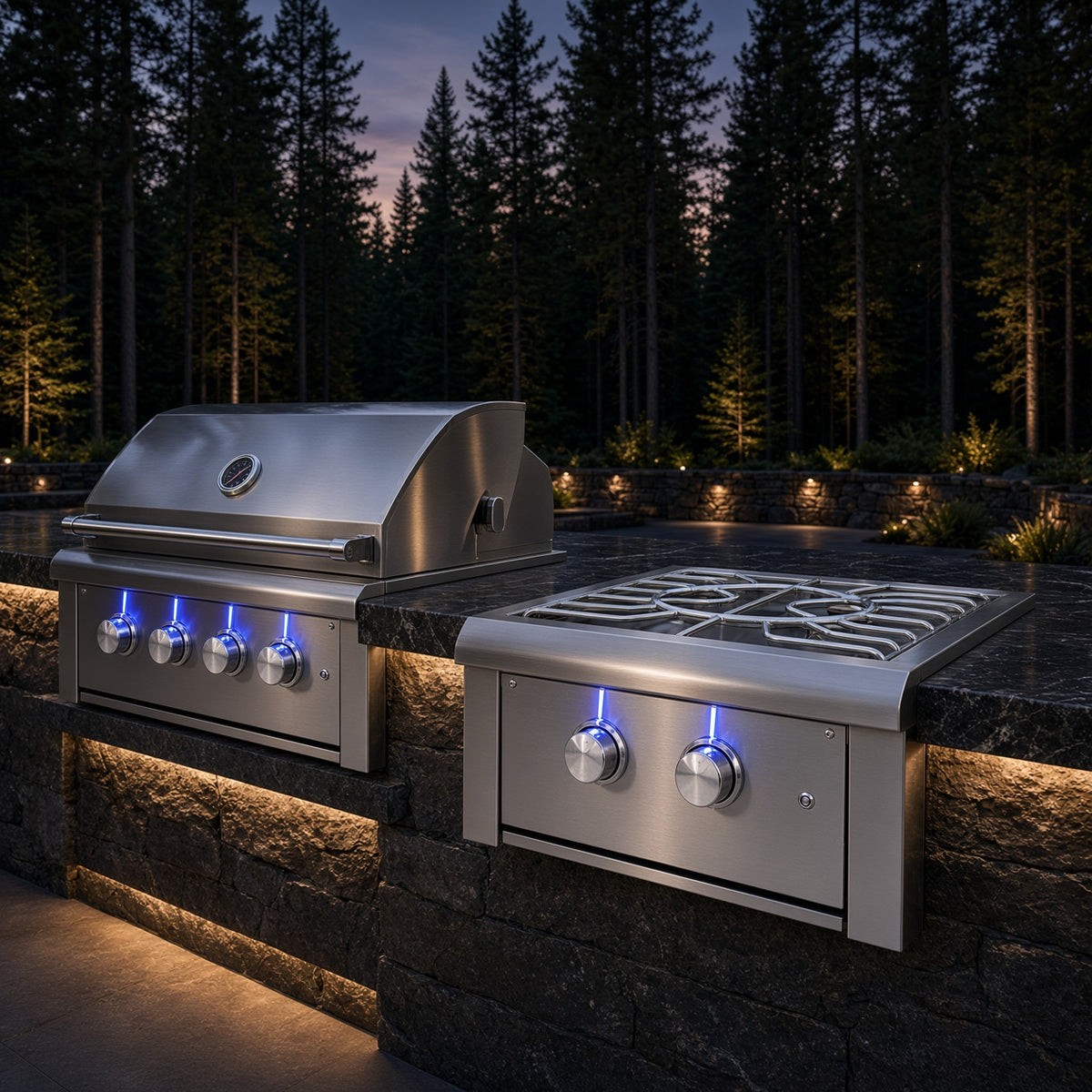 AMG Alturi Power Burner installed beside a built-in grill in an outdoor kitchen at dusk