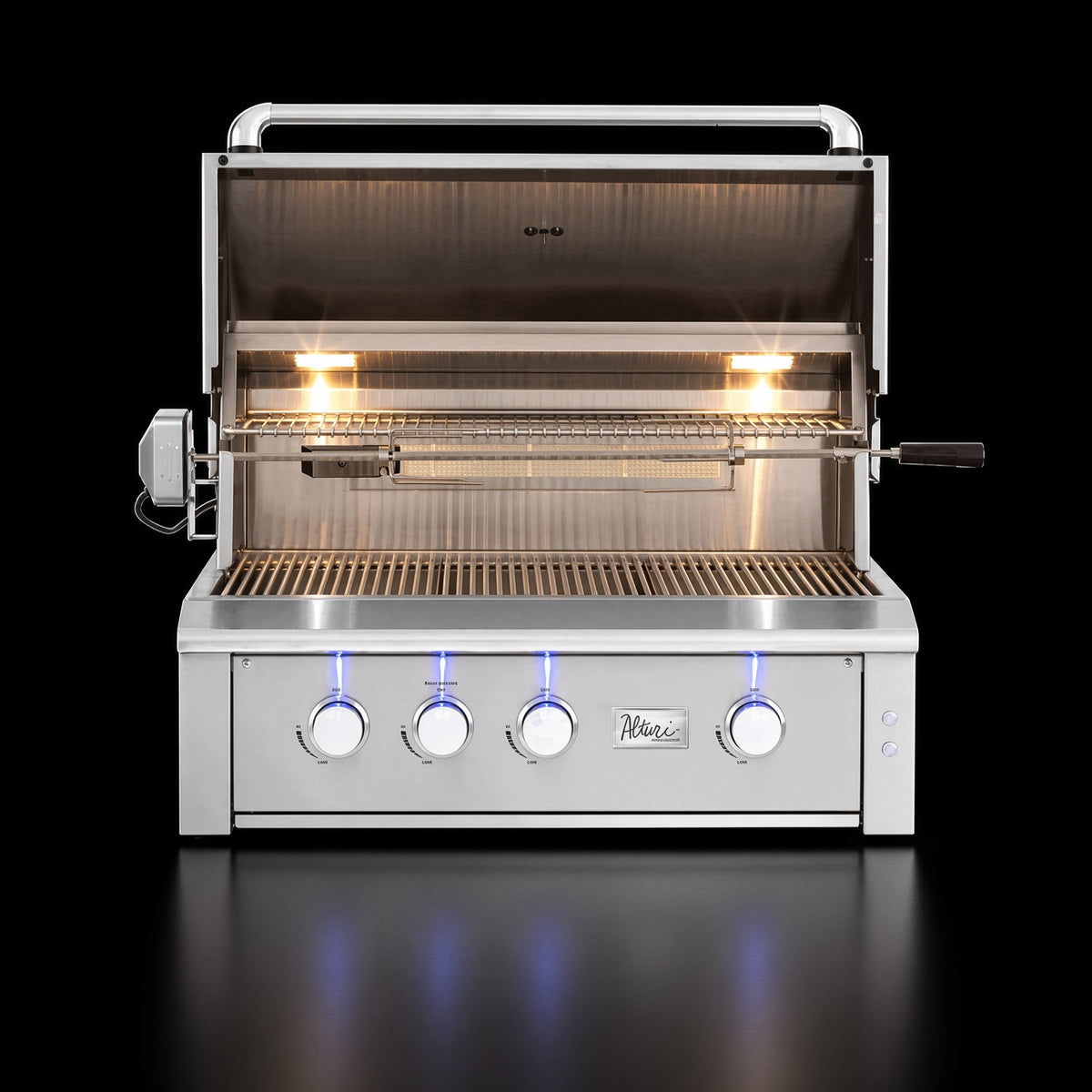 American Made Grills Alturi 36" Built-In Grill, open hood showing interior lighting and grates