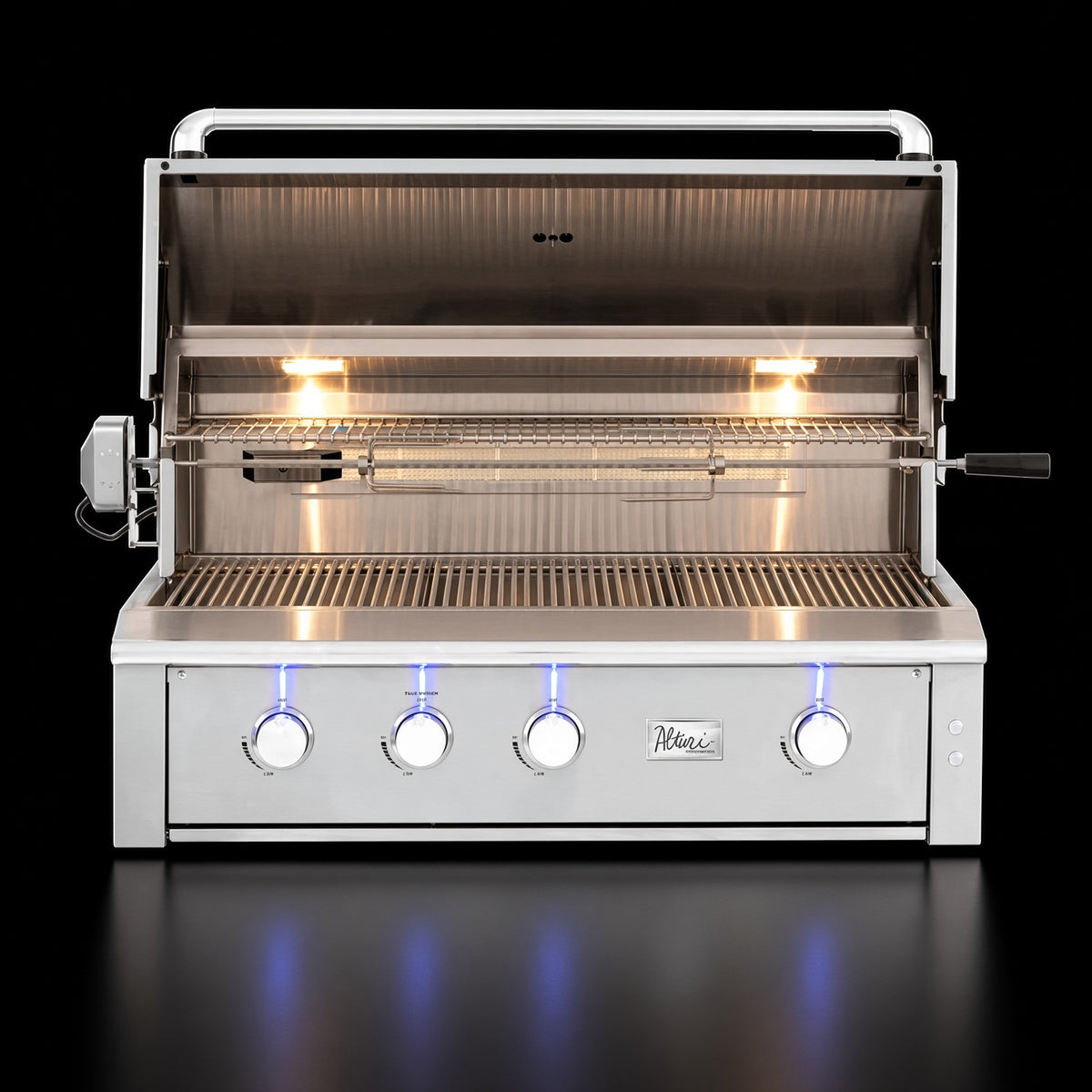 American Made Grills Alturi 42" Built-In Grill, open hood showing interior lighting and grates