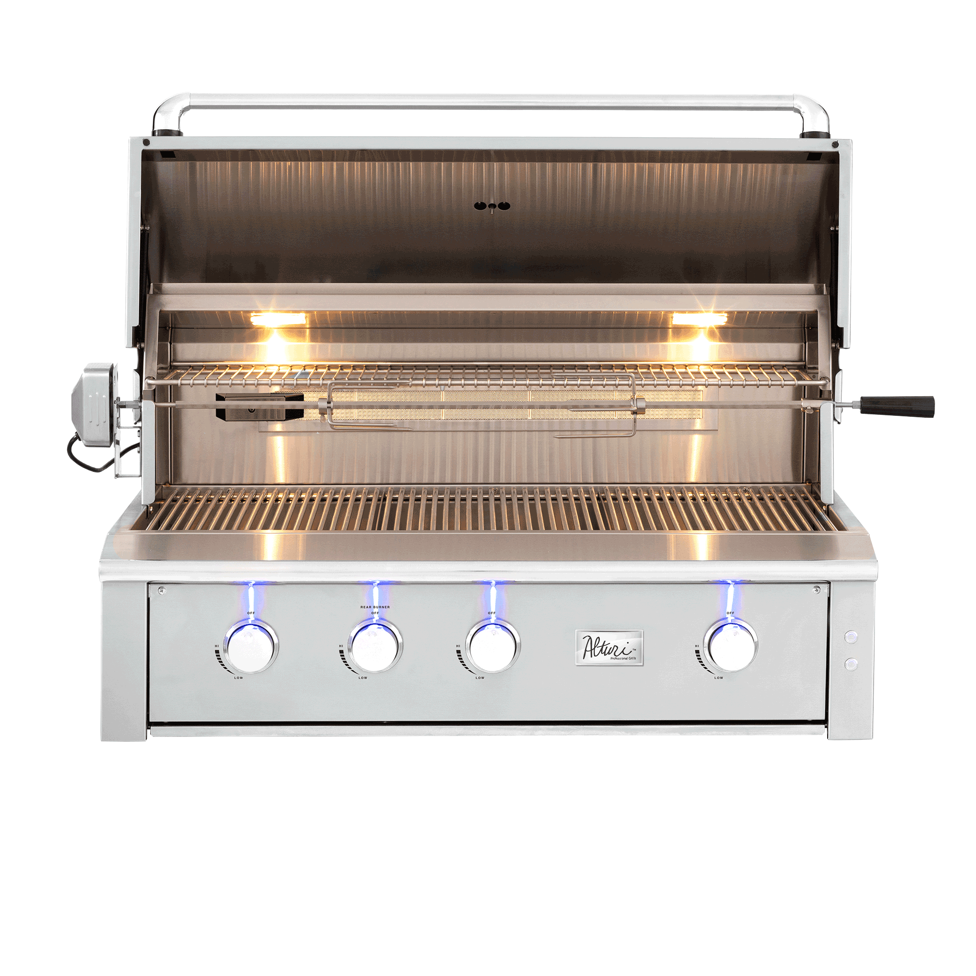 Alturi 42" Built-In Grill, open hood showing burners and grates