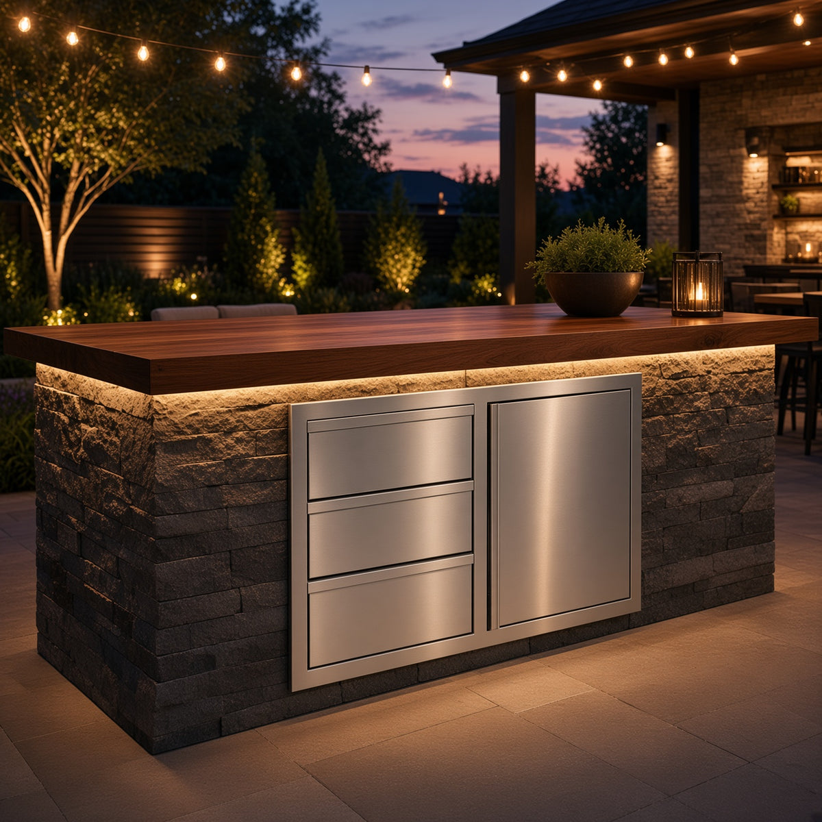 36" Deluxe 3-Drawer with Single Access Door Combo, installed in outdoor kitchen island, evening lifestyle view