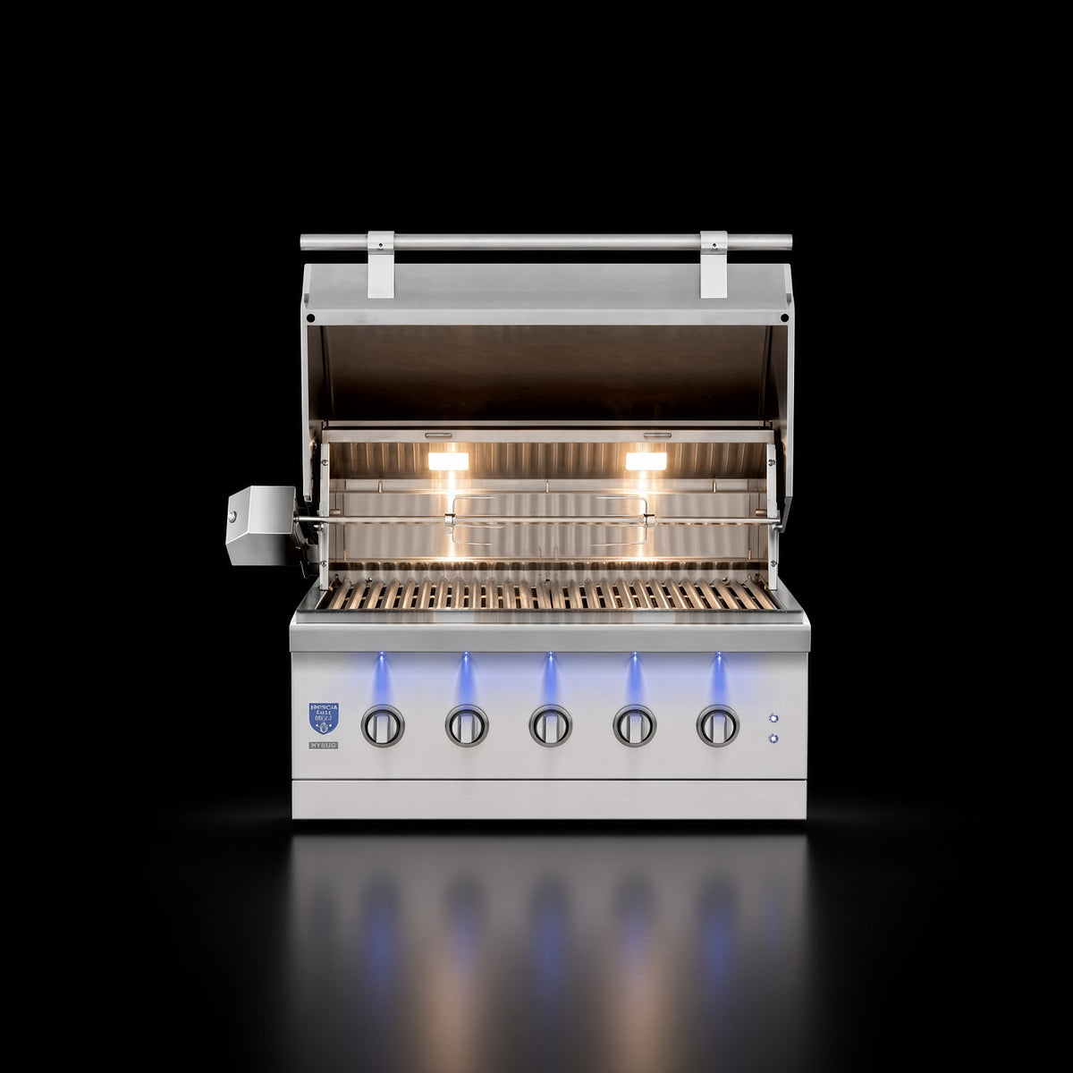 American Made Grills Encore 36" Hybrid Grill, open hood showing interior lighting, grates, and multi-fuel burner system