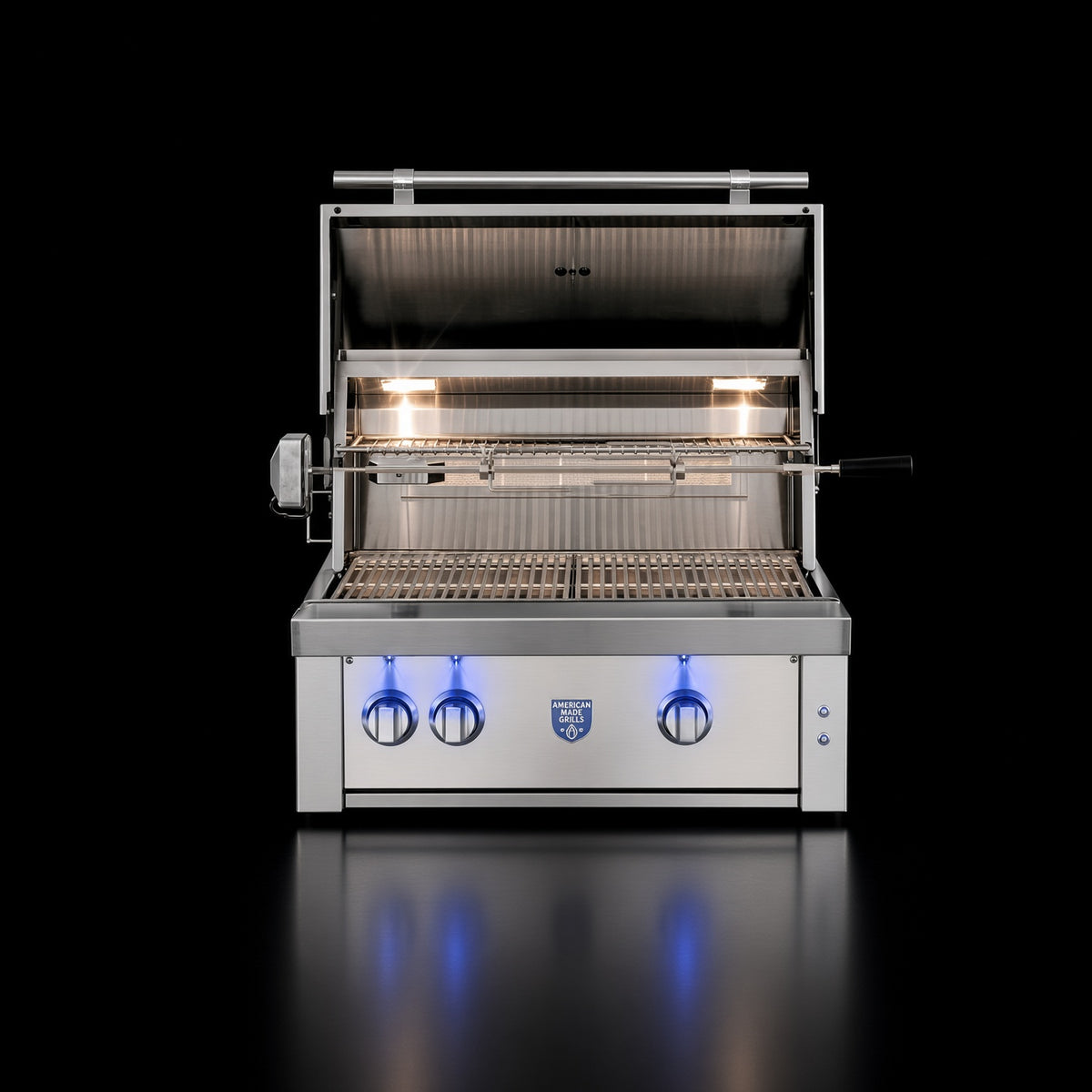 American Made Grills Estate 30" Built-In Grill, open hood showing interior lighting and grates