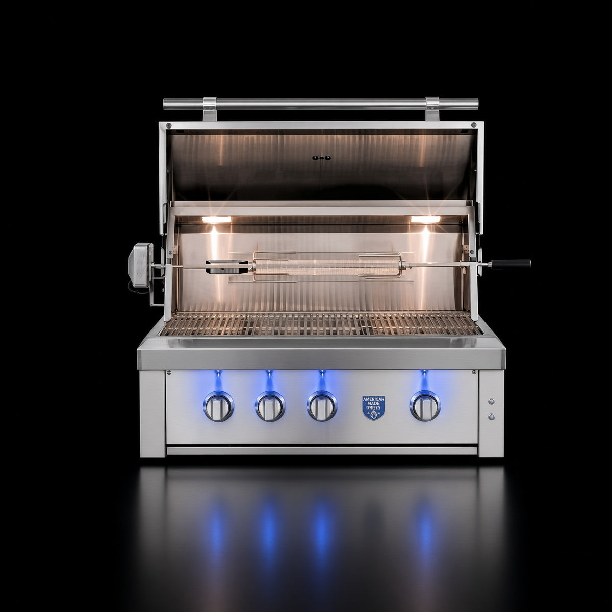 American Made Grills Estate 36" Built-In Grill, open hood showing interior lighting and grates