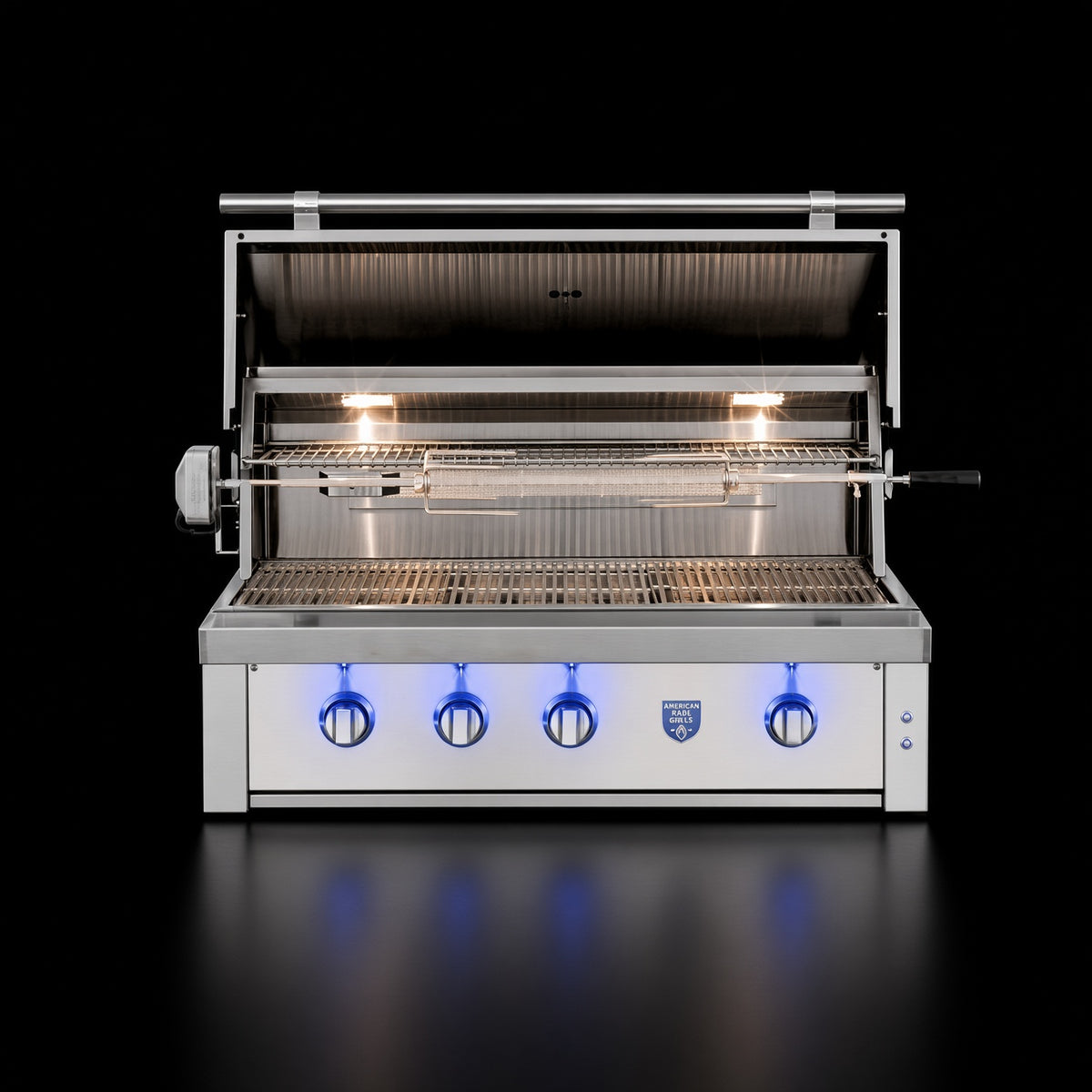 American Made Grills Estate 42" Built-In Grill, open hood showing interior lighting and grates