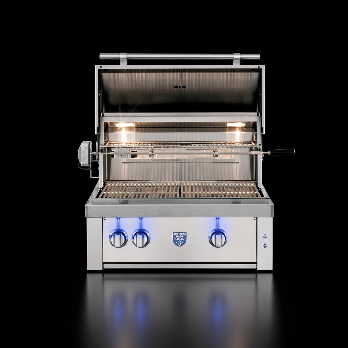 American Made Grills Estate Freedom 30" Built-In Grill, open hood showing interior lighting and grates