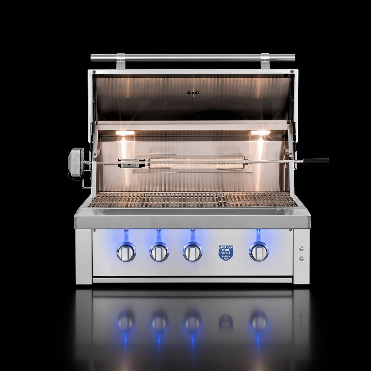 American Made Grills Estate Freedom 36" Built-In Grill, open hood showing interior lighting and grates