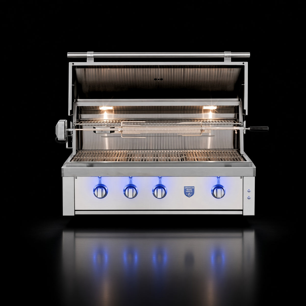 American Made Grills Estate Freedom 42" Built-In Grill, open hood showing interior lighting and grates