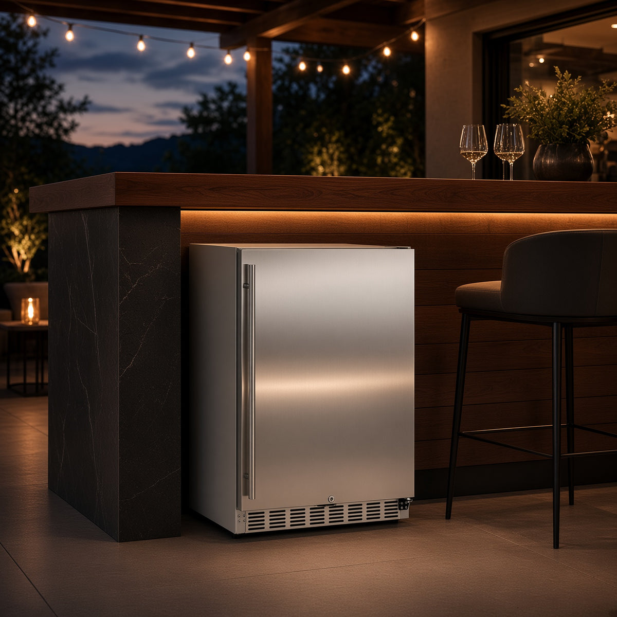 24" Deluxe Refrigerator with Stainless Steel Reversible Door, installed under outdoor bar counter, evening lifestyle view