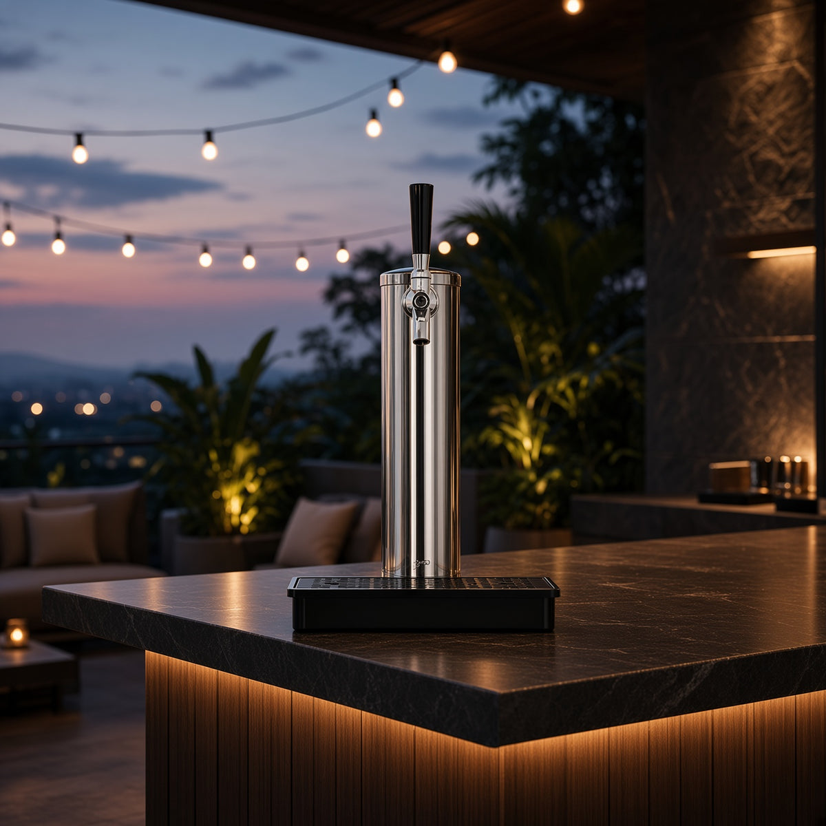 Single Tap Kit for 24" Deluxe Refrigerator, installed on outdoor bar counter, evening lifestyle view
