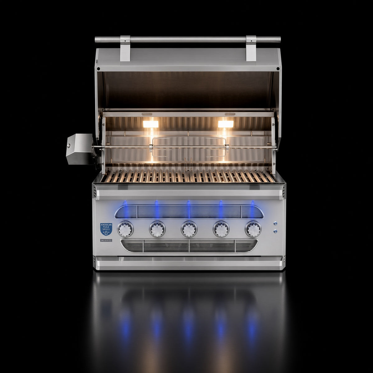 American Made Grills Muscle 36" Hybrid Grill, open hood showing interior lighting, grates, and multi-fuel burner system