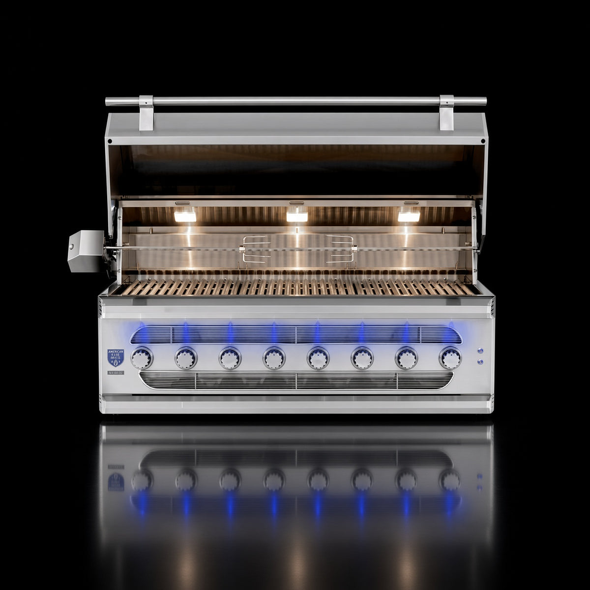 American Made Grills Muscle 54" Hybrid Grill, open hood showing interior lighting, grates, and multi-fuel burner system