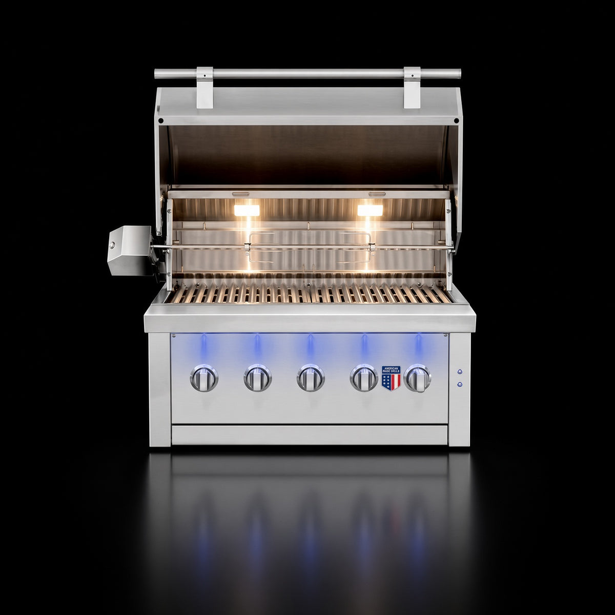 American Made Grills Ovation 36" Hybrid Grill, open hood showing interior lighting, grates, and multi-fuel burner system