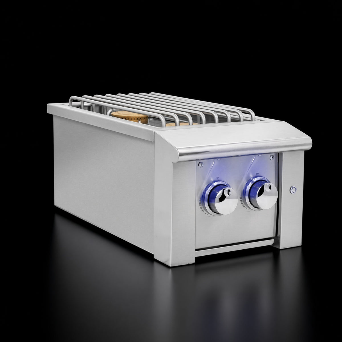 Atlas Power Burner side burner, angled view with open lid showing cooktop grates and illuminated knobs