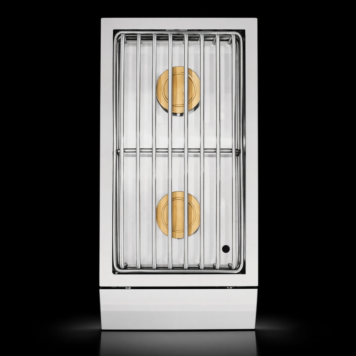 Atlas Power Burner cooktop grates, top-down view with dual illuminated control knobs