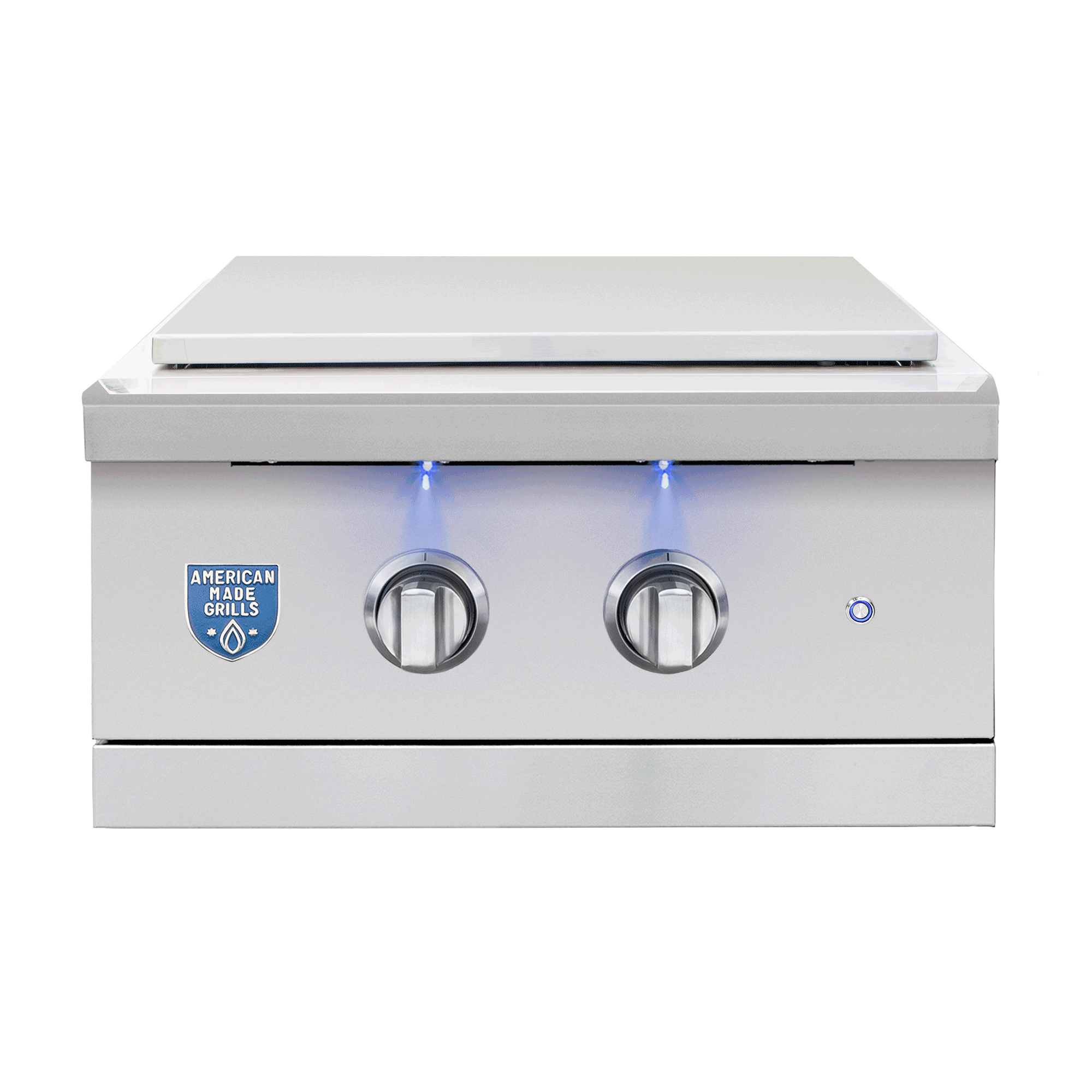 Encore Power Burner, protective stainless lid in place, front view