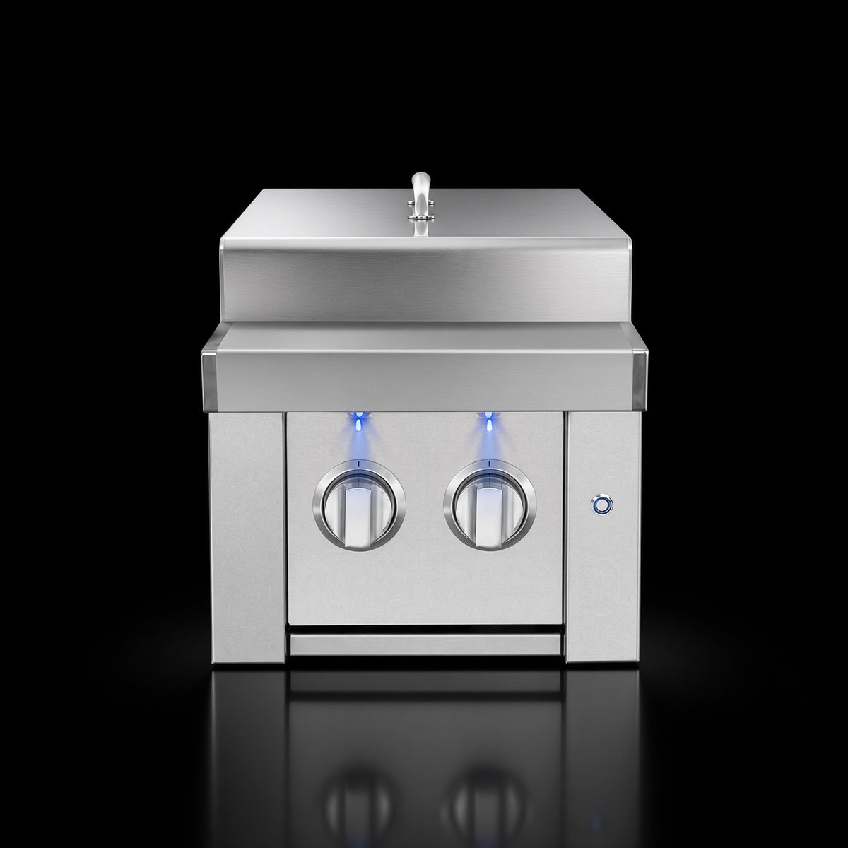 Estate Double Side Burner, front view with closed lid, handle detail, and illuminated control knobs