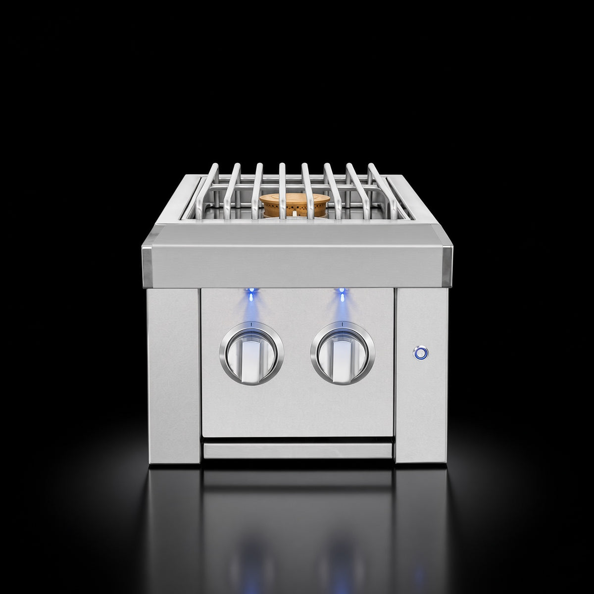 Estate Double Side Burner, front view with open lid showing dual round burners and illuminated knobs