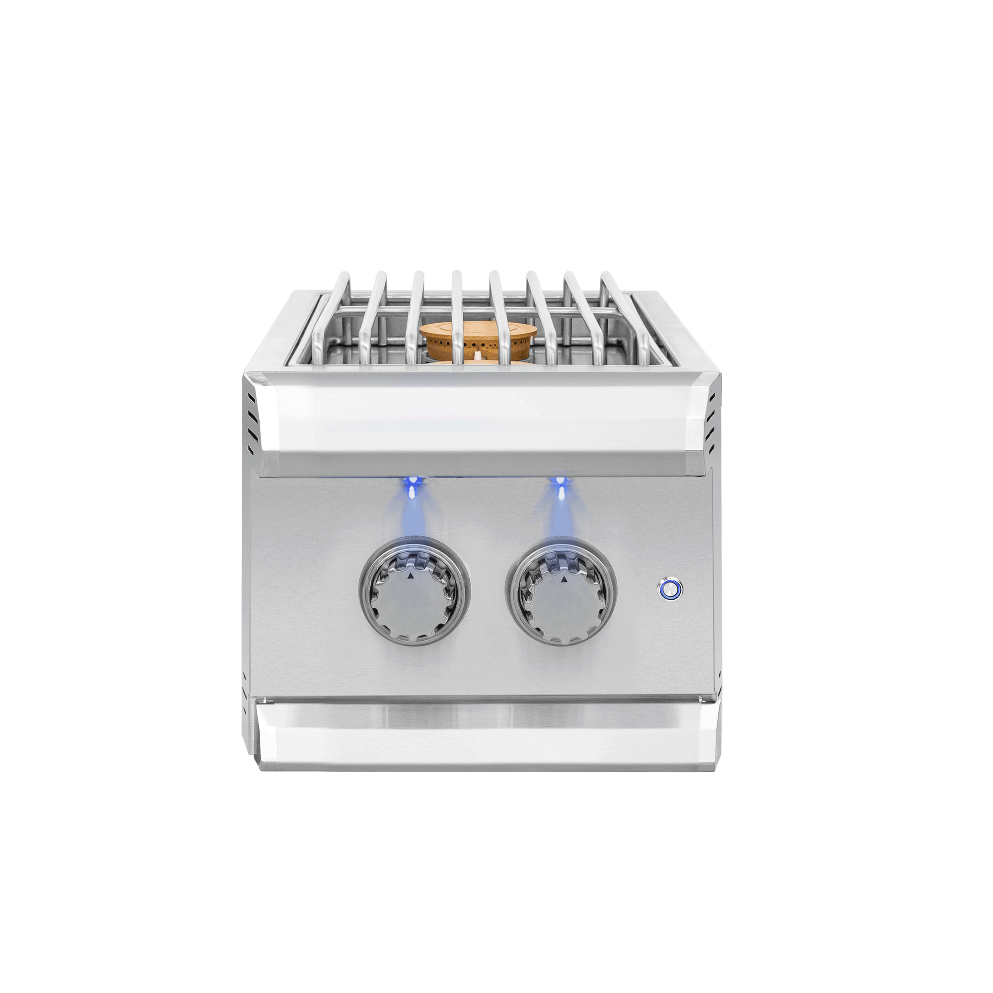 Muscle Double Side Burner, lid off, dual burner grates exposed