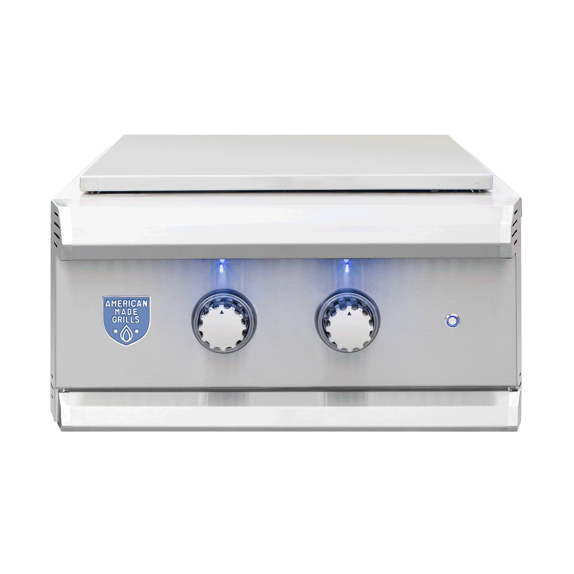 Muscle Power Burner, protective stainless lid in place, front view