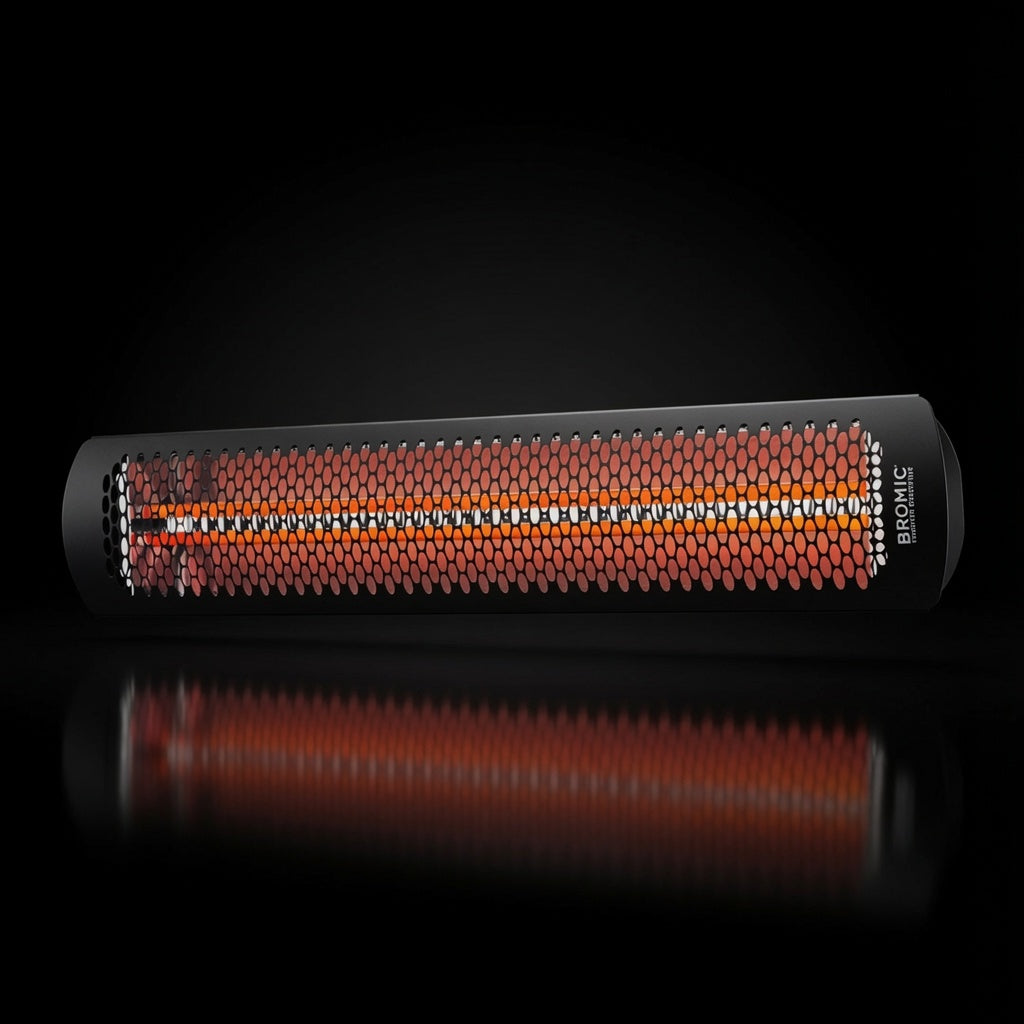 Bromic Tungsten Smart-Heat Electric Patio Heater, angled view glowing with honeycomb mesh face on dark studio background