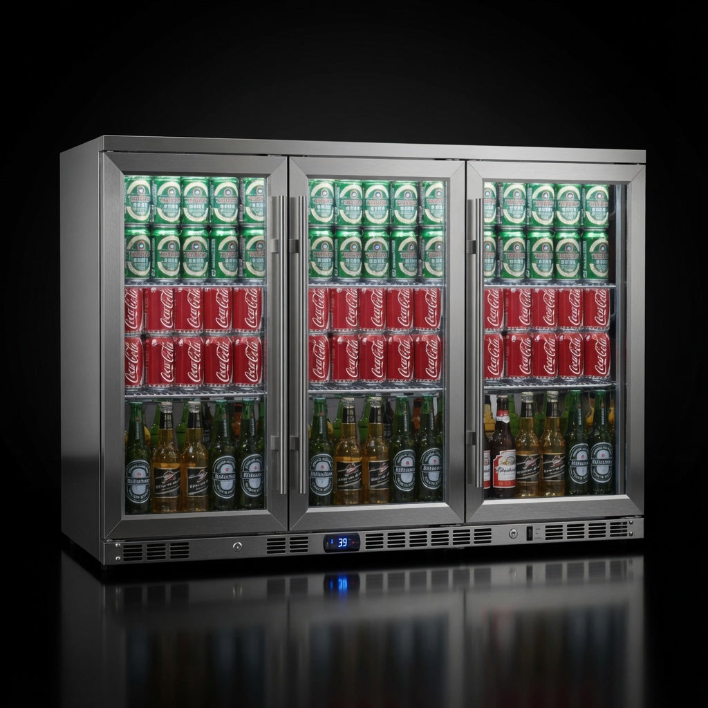 KingsBottle 53-Inch Beverage Refrigerator, three-door front view stocked with canned and bottled beverages