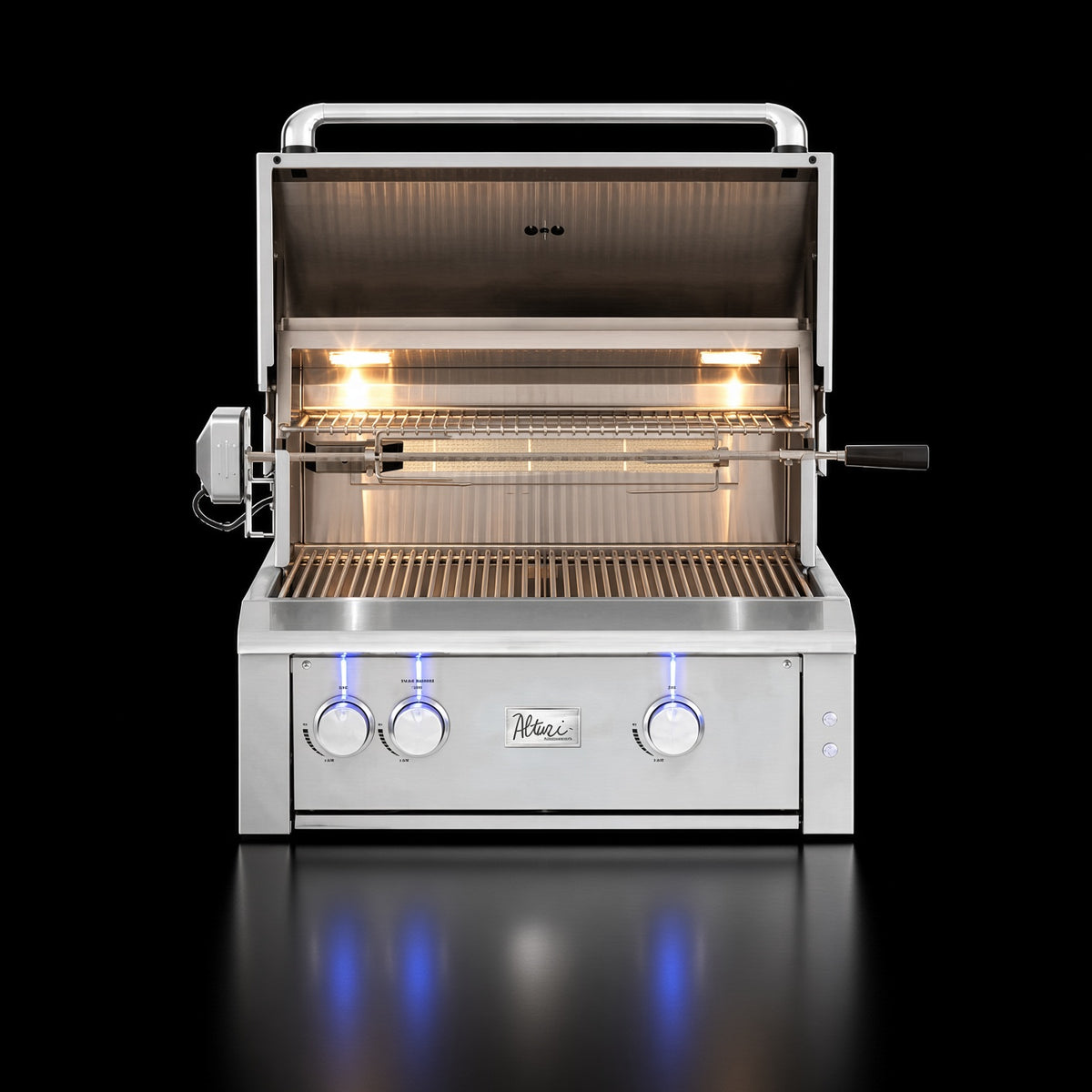 American Made Grills Alturi 30" Built-In Grill, open hood showing interior lighting and grates