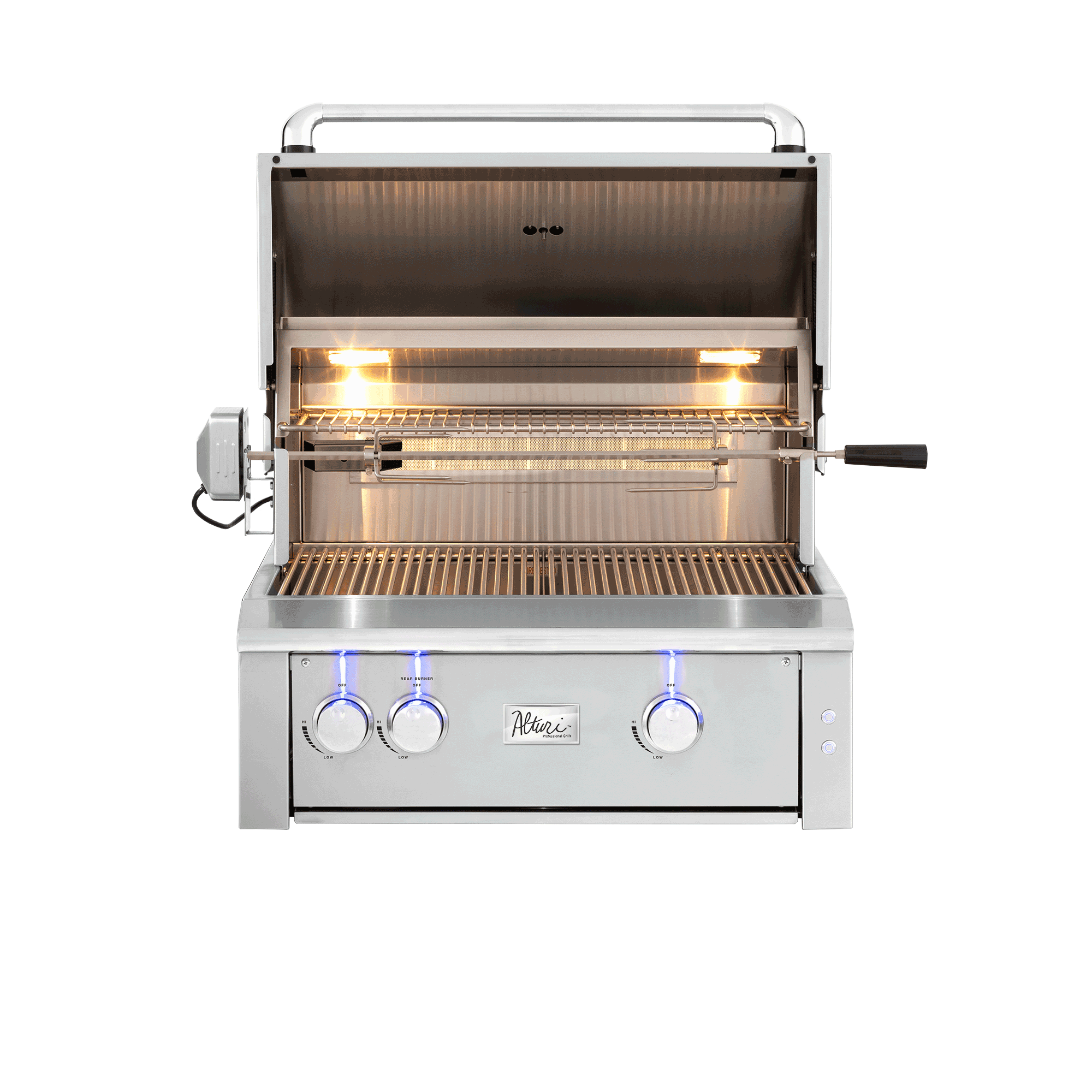 Alturi 30" Built-In Grill, open hood showing burners and grates