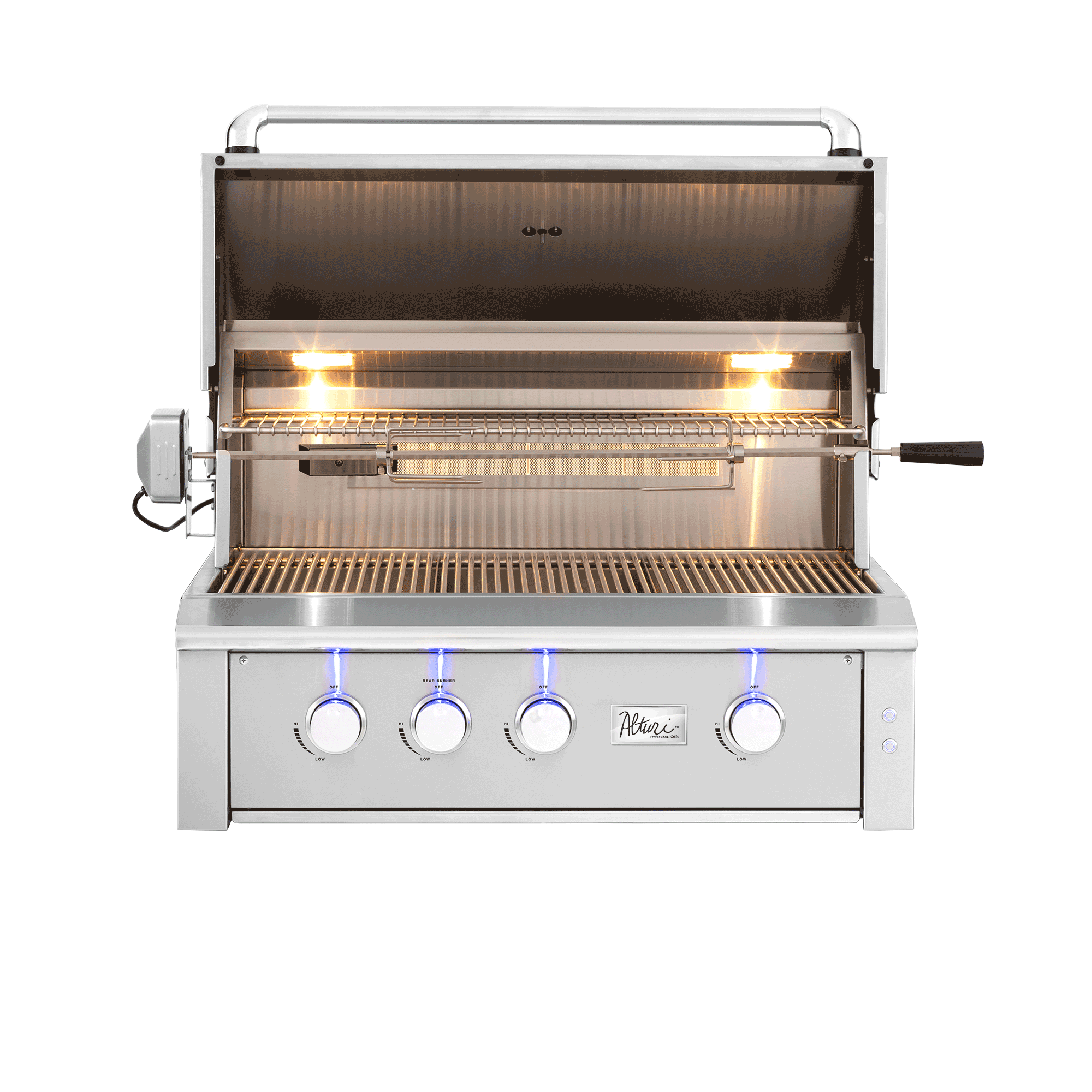 Alturi 36" Built-In Grill, open hood showing burners and grates