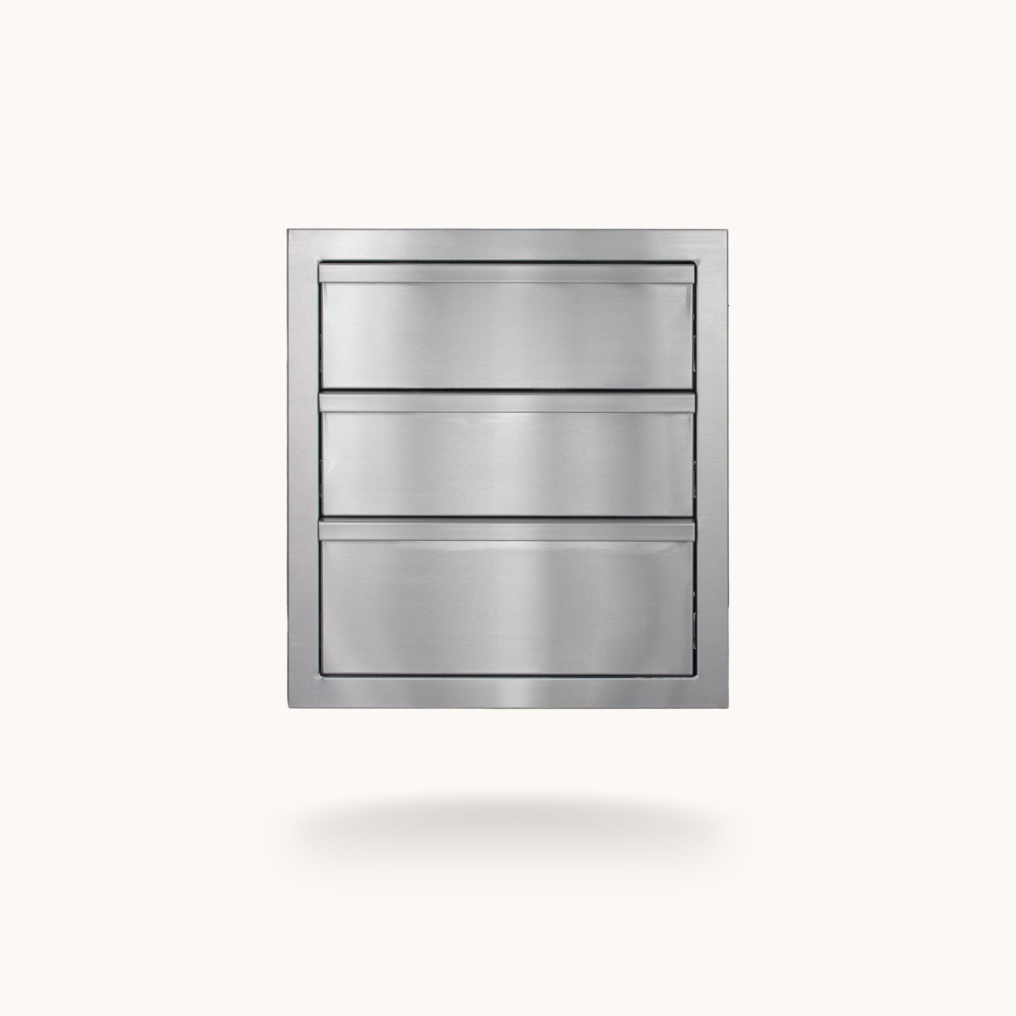 18" Deluxe 3-Drawer, front view of three stainless steel drawers
