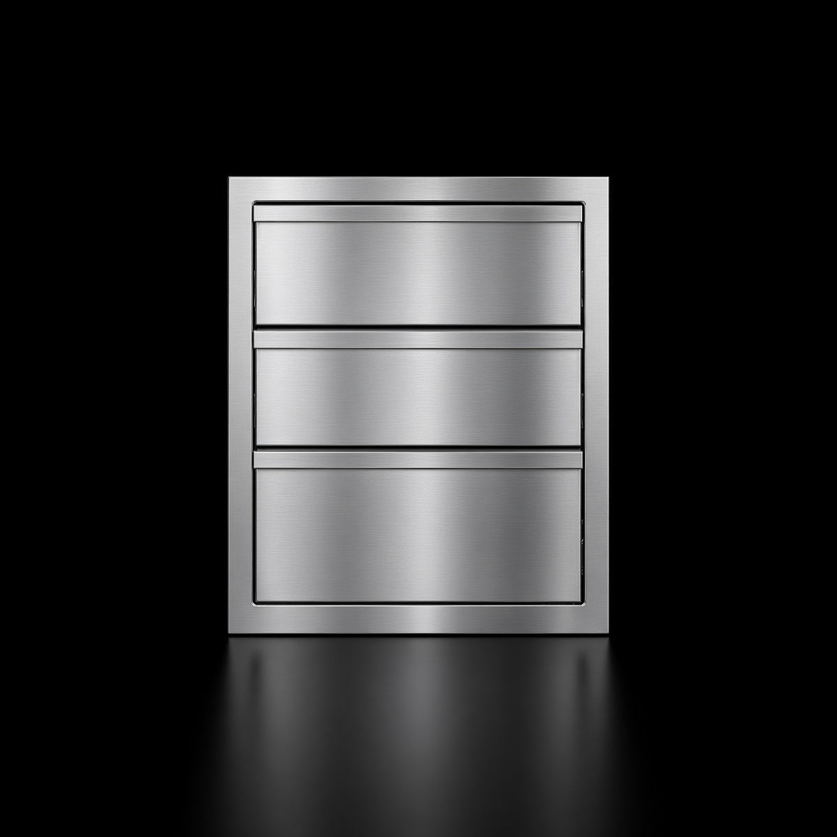 18" Deluxe 3-Drawer, front view of three stainless steel drawers