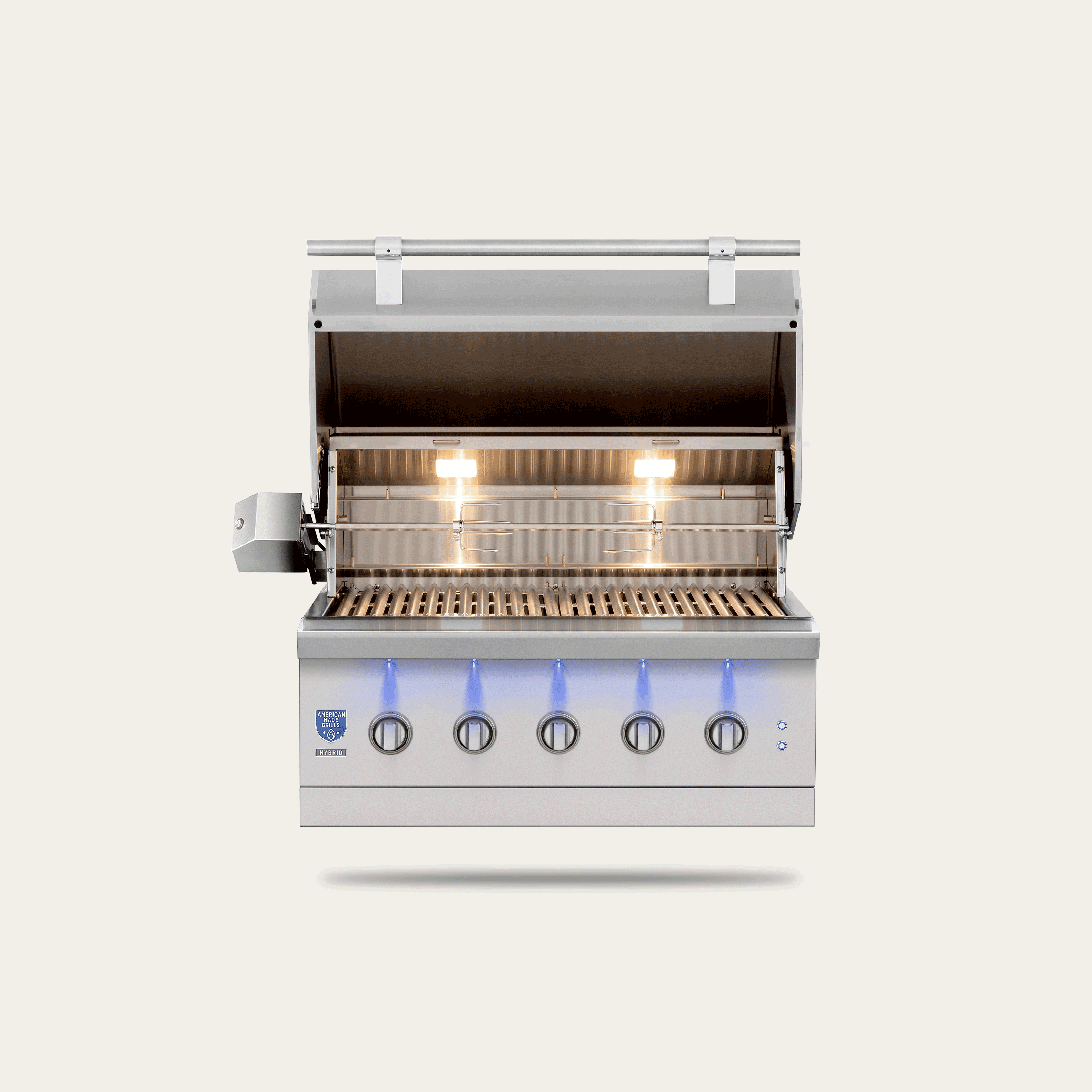 Encore 36" Hybrid Grill, hood open showing cooking grates