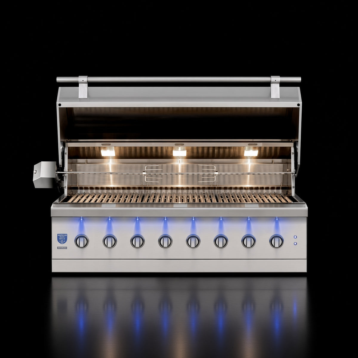 American Made Grills Encore 54" Hybrid Grill, open hood showing interior lighting, grates, and multi-fuel burner system