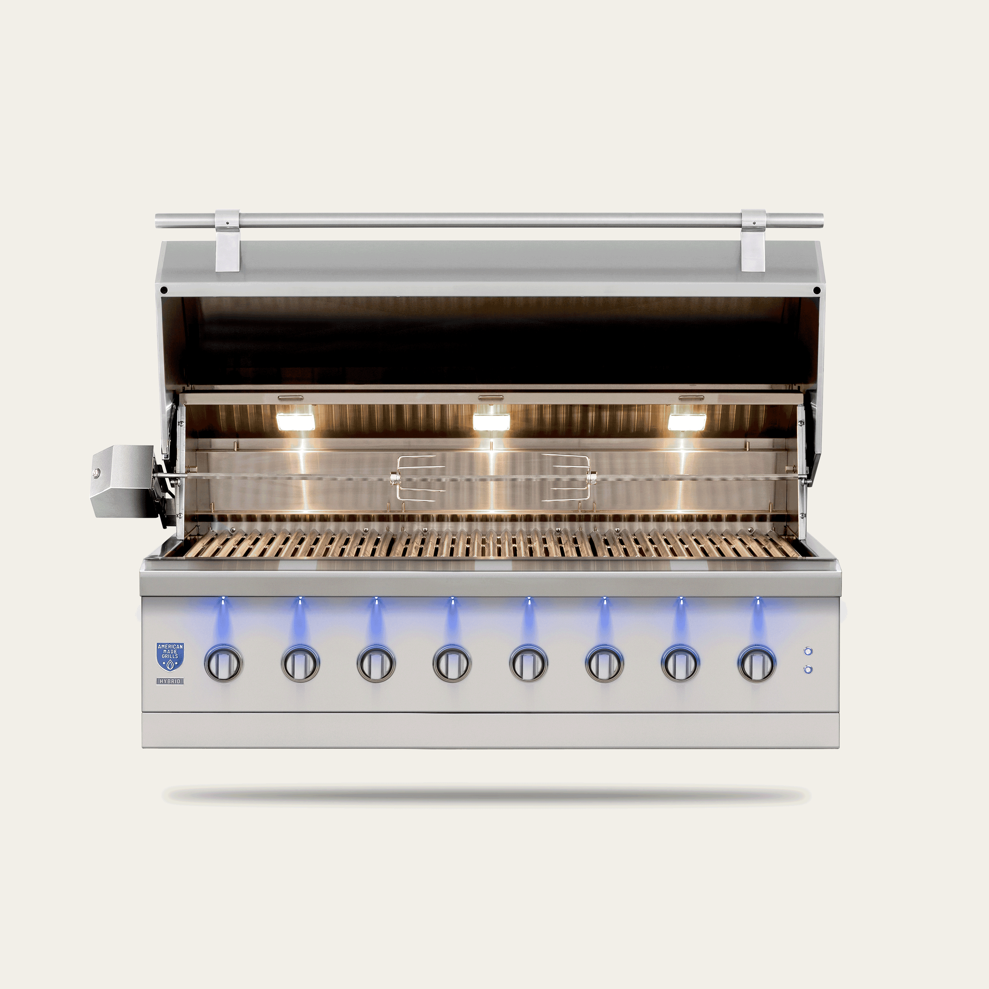 Encore 54" Hybrid Grill, hood open showing cooking grates