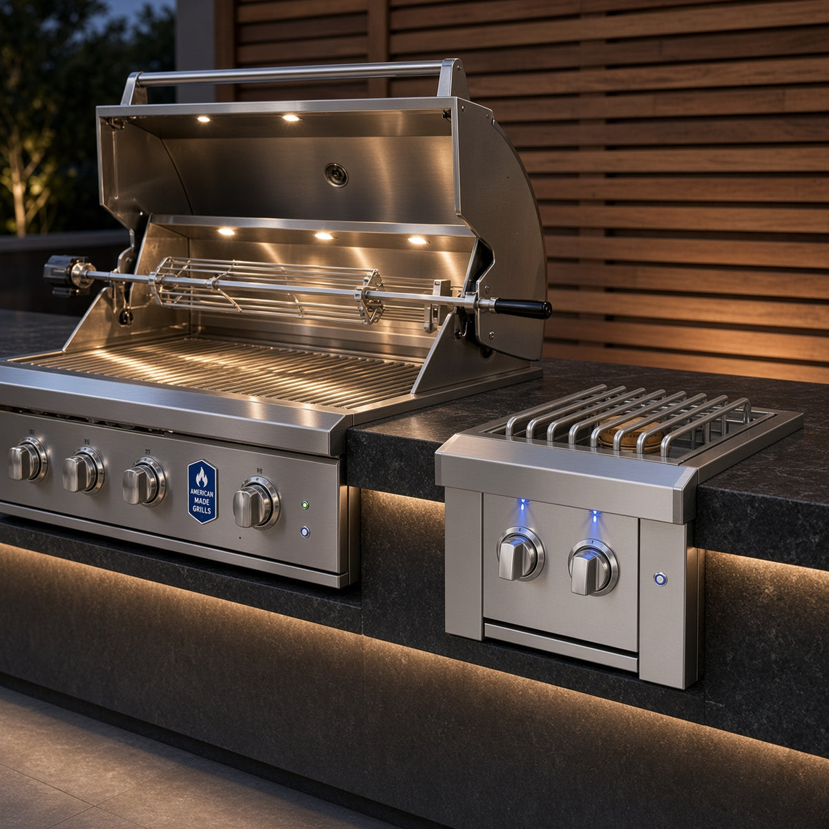 American Made Grills built-in grill with hood open and rotisserie loaded, paired with a matching double side burner, on a cedar-slat patio at evening