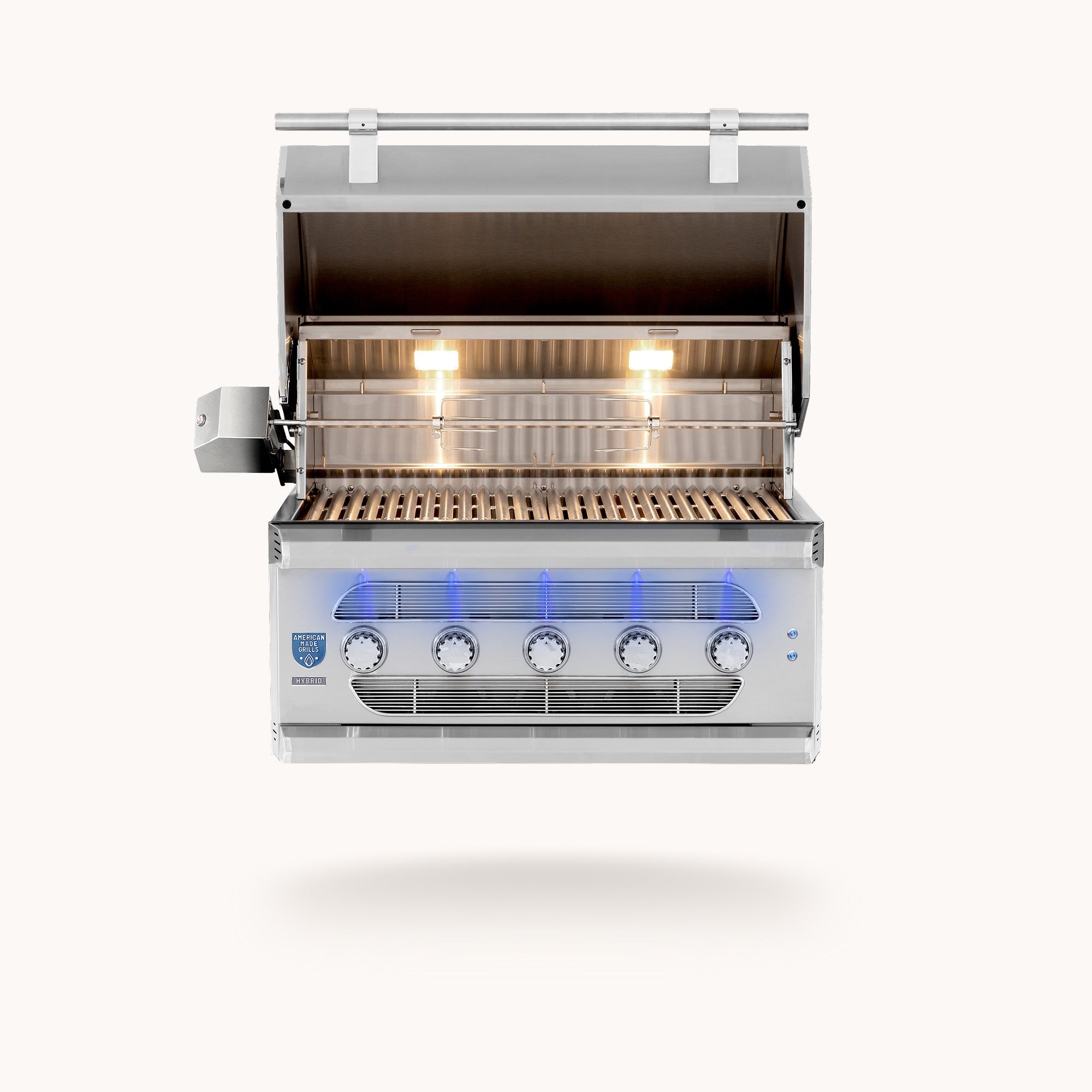 Muscle 36" Hybrid Grill, hood open showing cooking grates