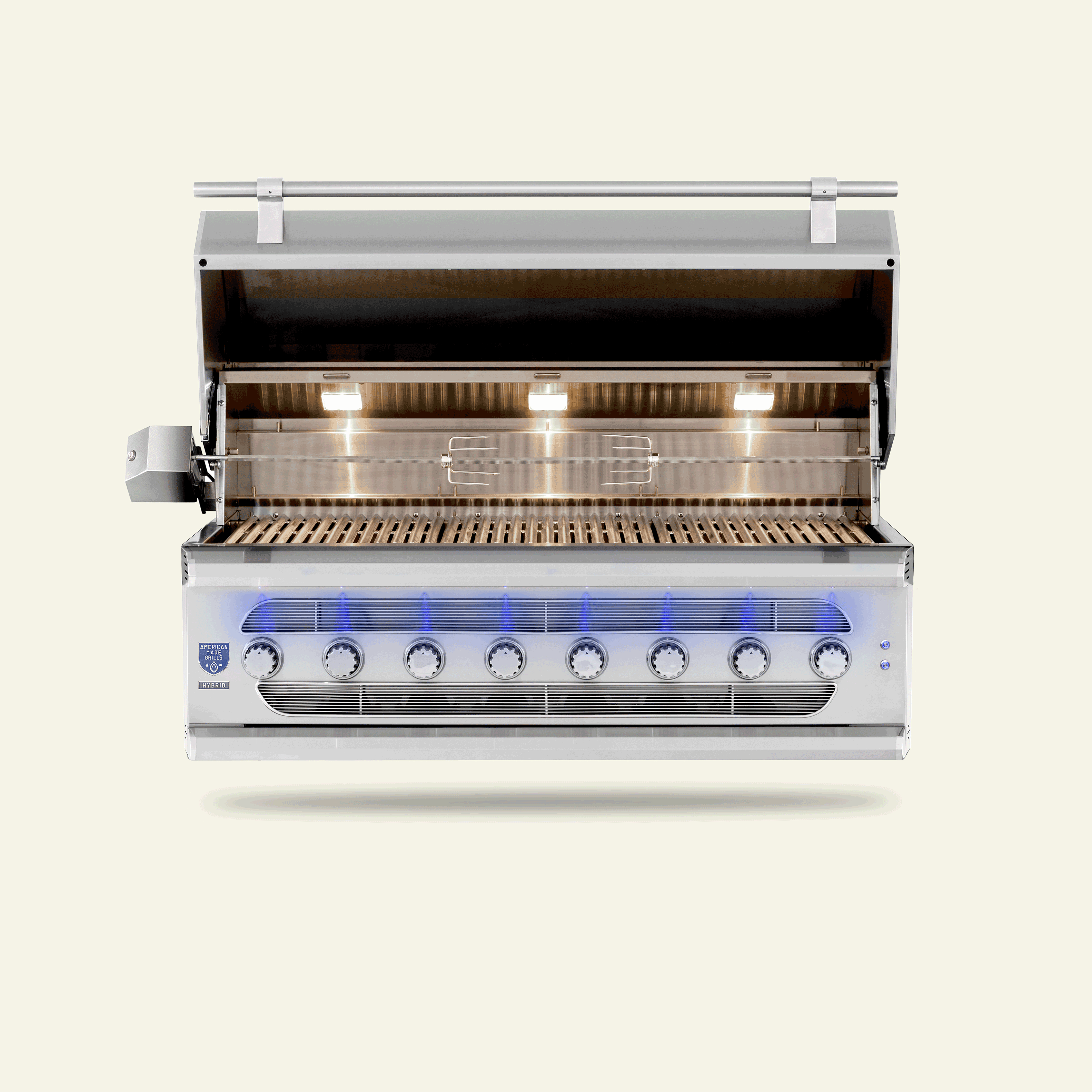 Muscle 54" Hybrid Grill, hood open showing cooking grates