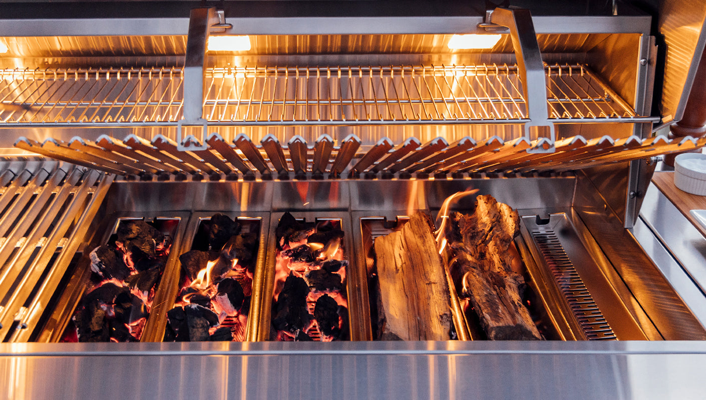 Ovation 36" Hybrid Grill, patented multi-fuel loading tray system detail