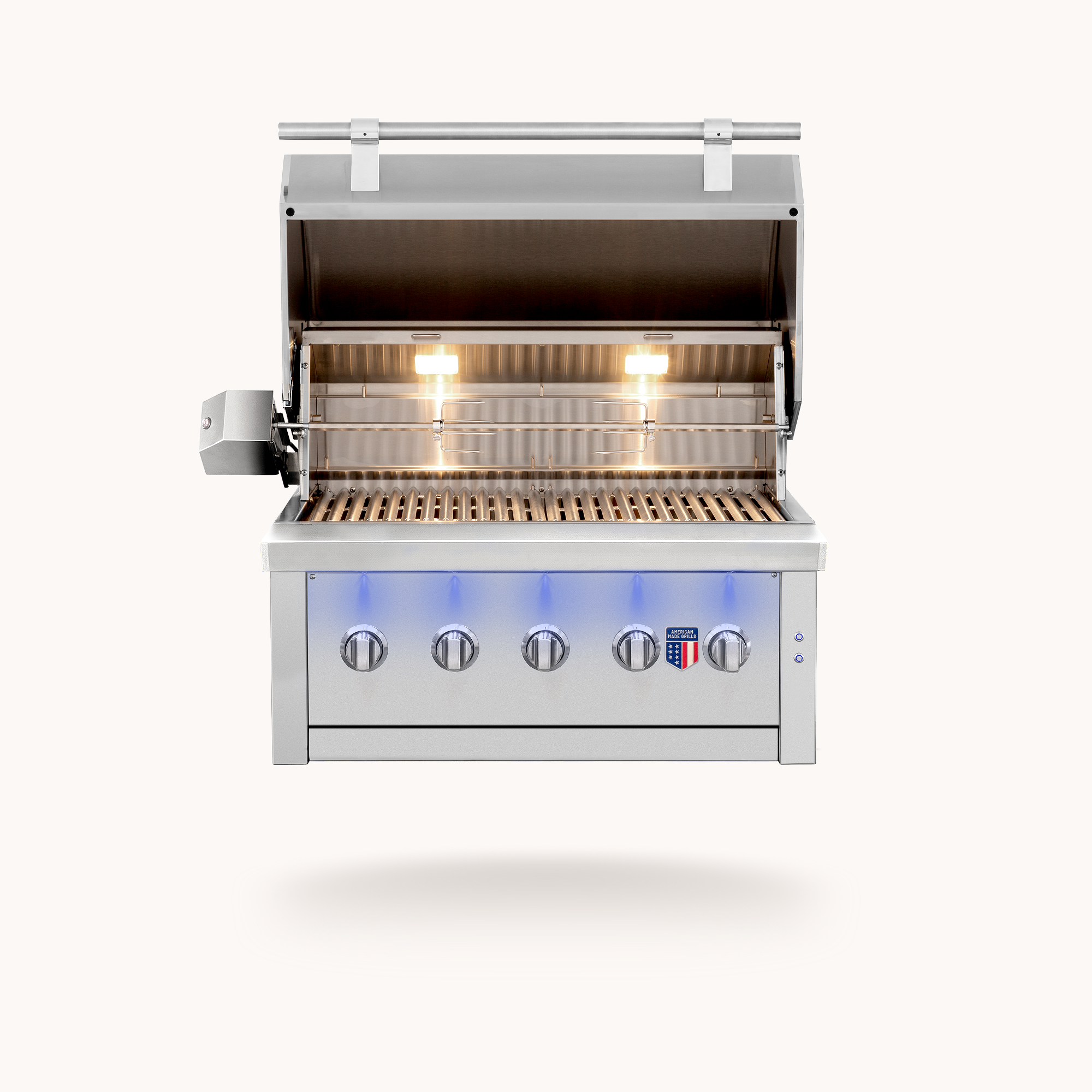 Ovation 36" Hybrid Grill, hood open showing cooking grates and burners