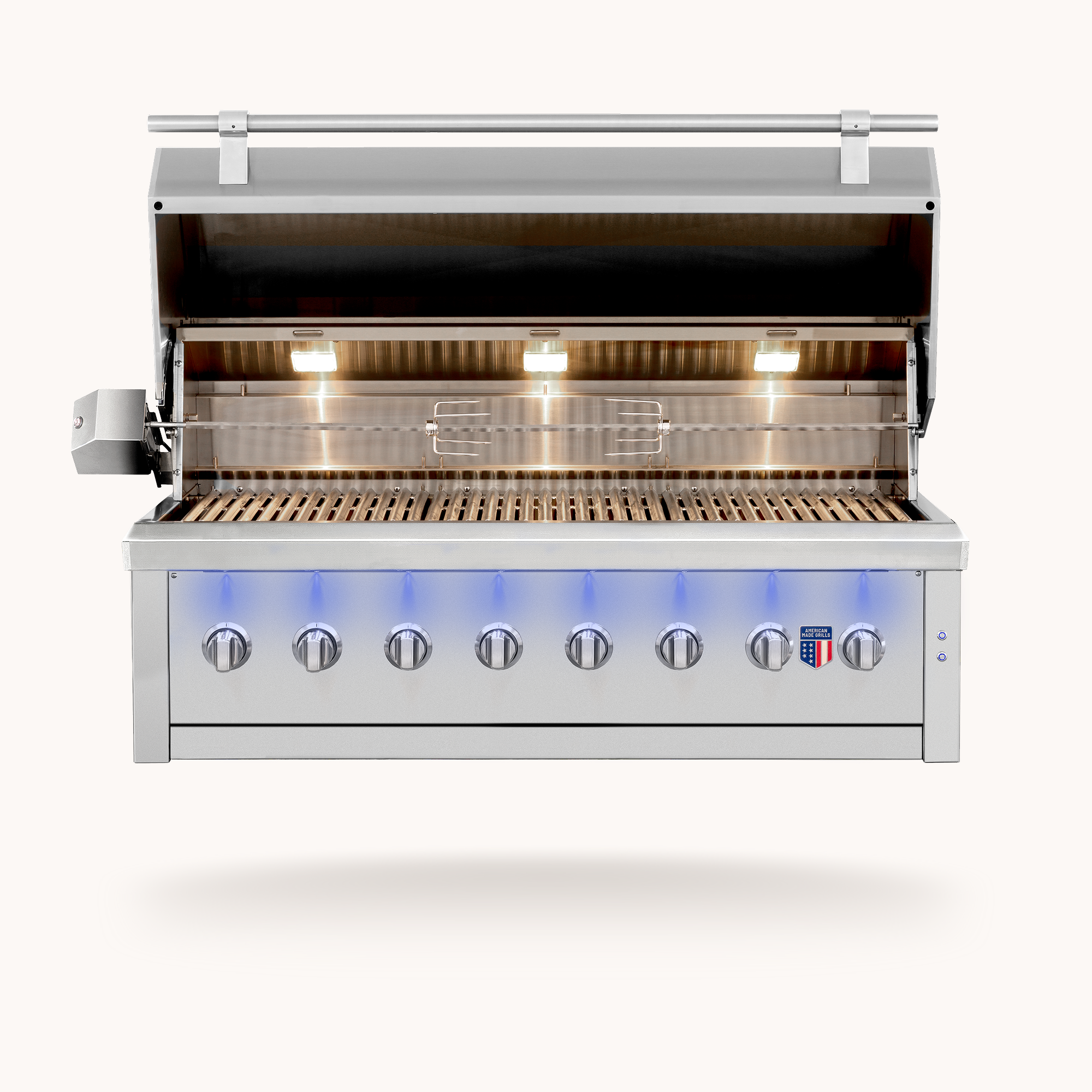 Ovation 54" Hybrid Grill, hood open showing cooking grates and burners
