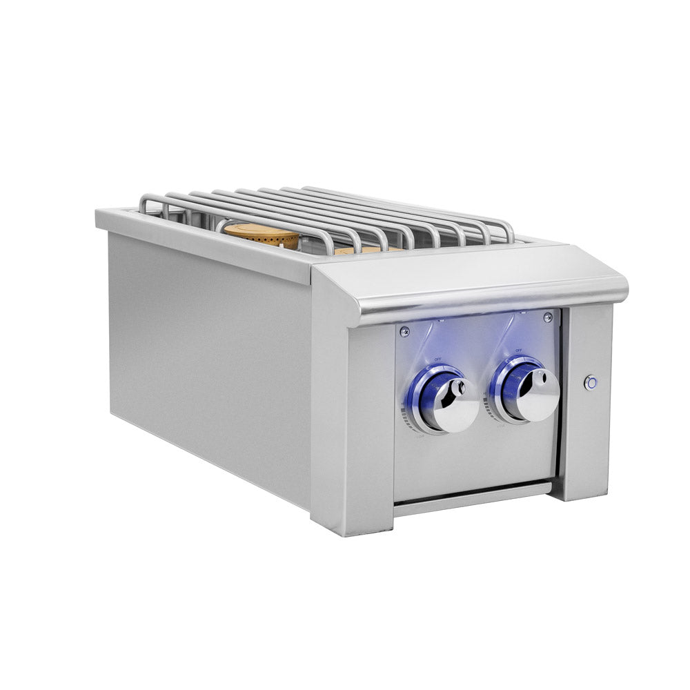 Alturi Double Side Burner, angled view of dual burners and grates
