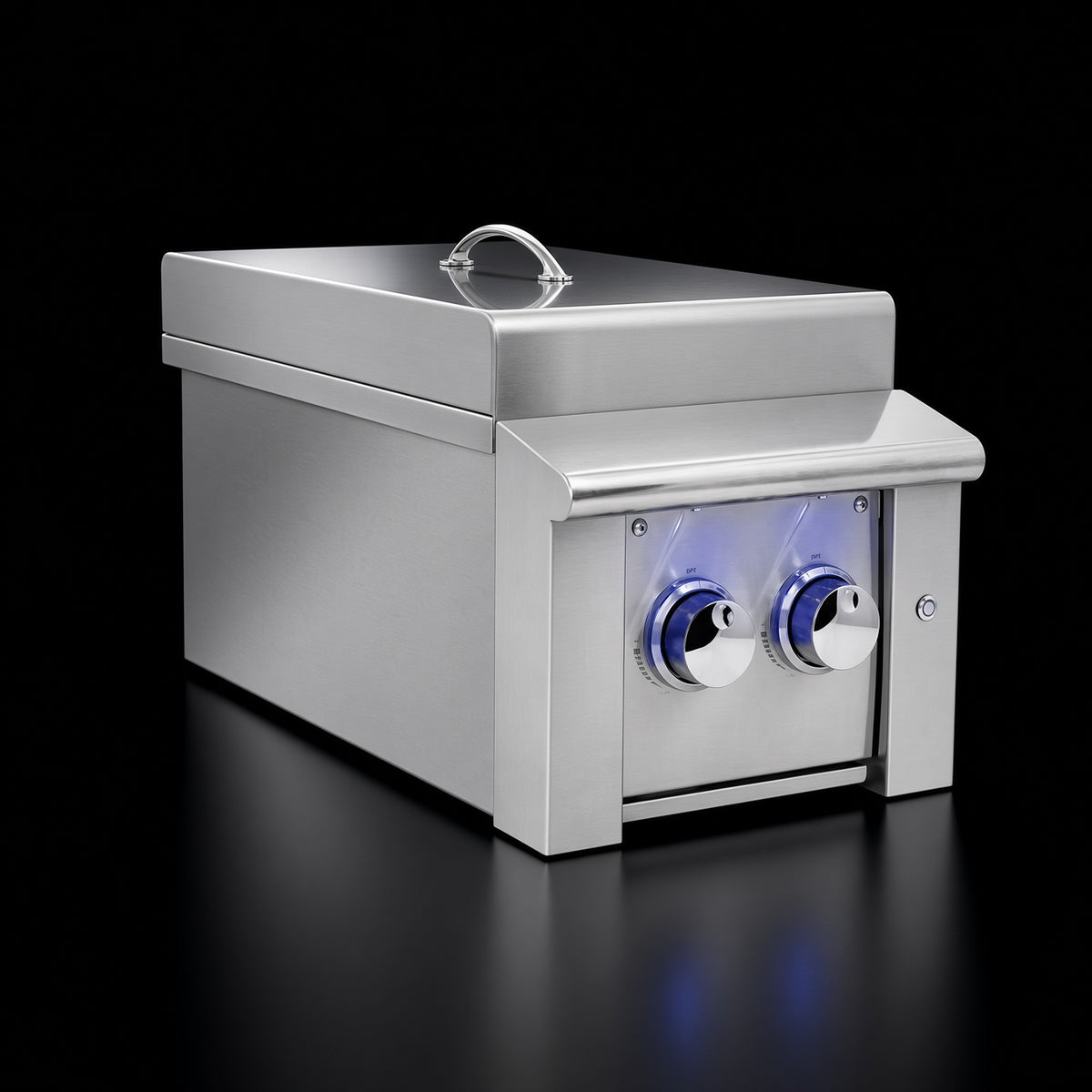 Atlas Power Burner side burner, angled 3/4 view showing closed lid with handle and illuminated control knobs
