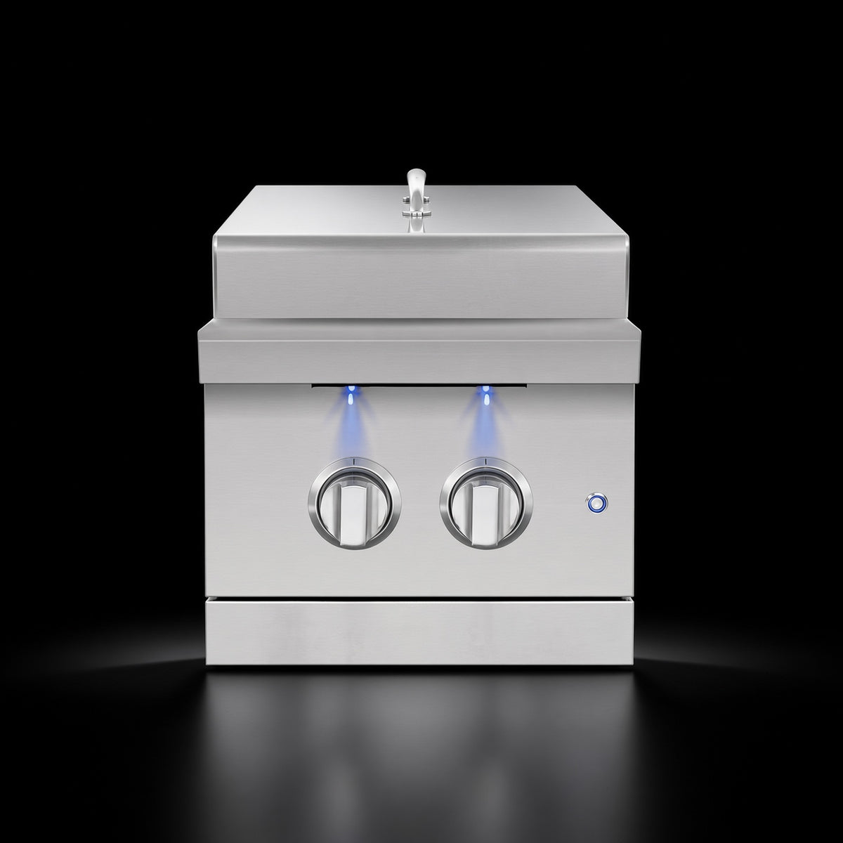 Atlas Power Burner side burner, front view with closed stainless steel lid, illuminated control knobs, and lid handle detail
