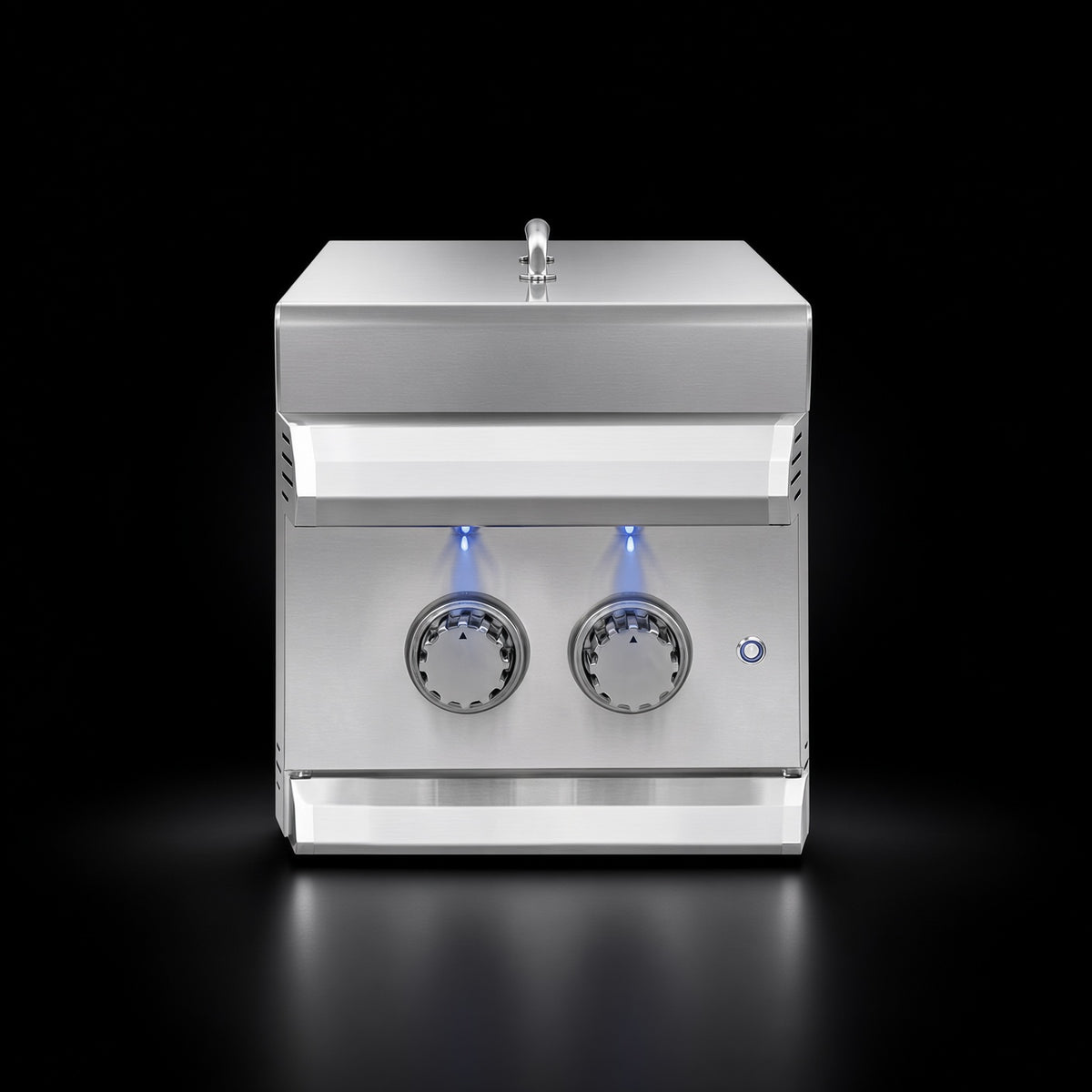Atlas Power Burner side burner, front view with closed stainless steel lid and illuminated control knobs