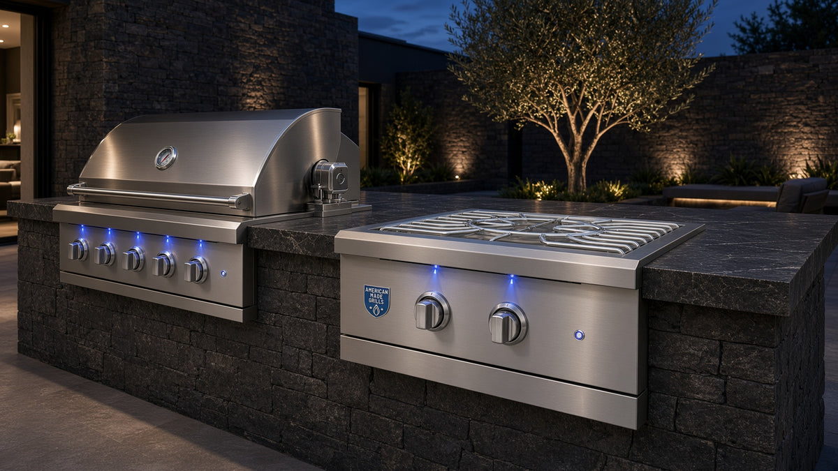 Atlas Power Burner installed alongside a matching American Made Grills built-in grill in a stone outdoor kitchen island at dusk