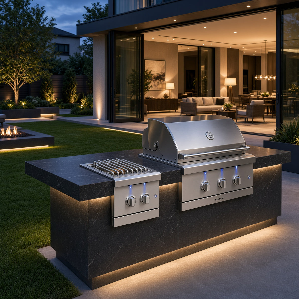 Atlas Power Burner installed alongside a matching American Made Grills built-in grill in a stone patio kitchen, evening lighting with indoor living space visible