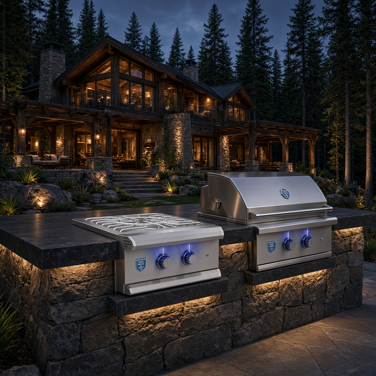 Atlas Power Burner installed in an outdoor kitchen stone island at dusk, paired with a matching American Made Grills built-in grill