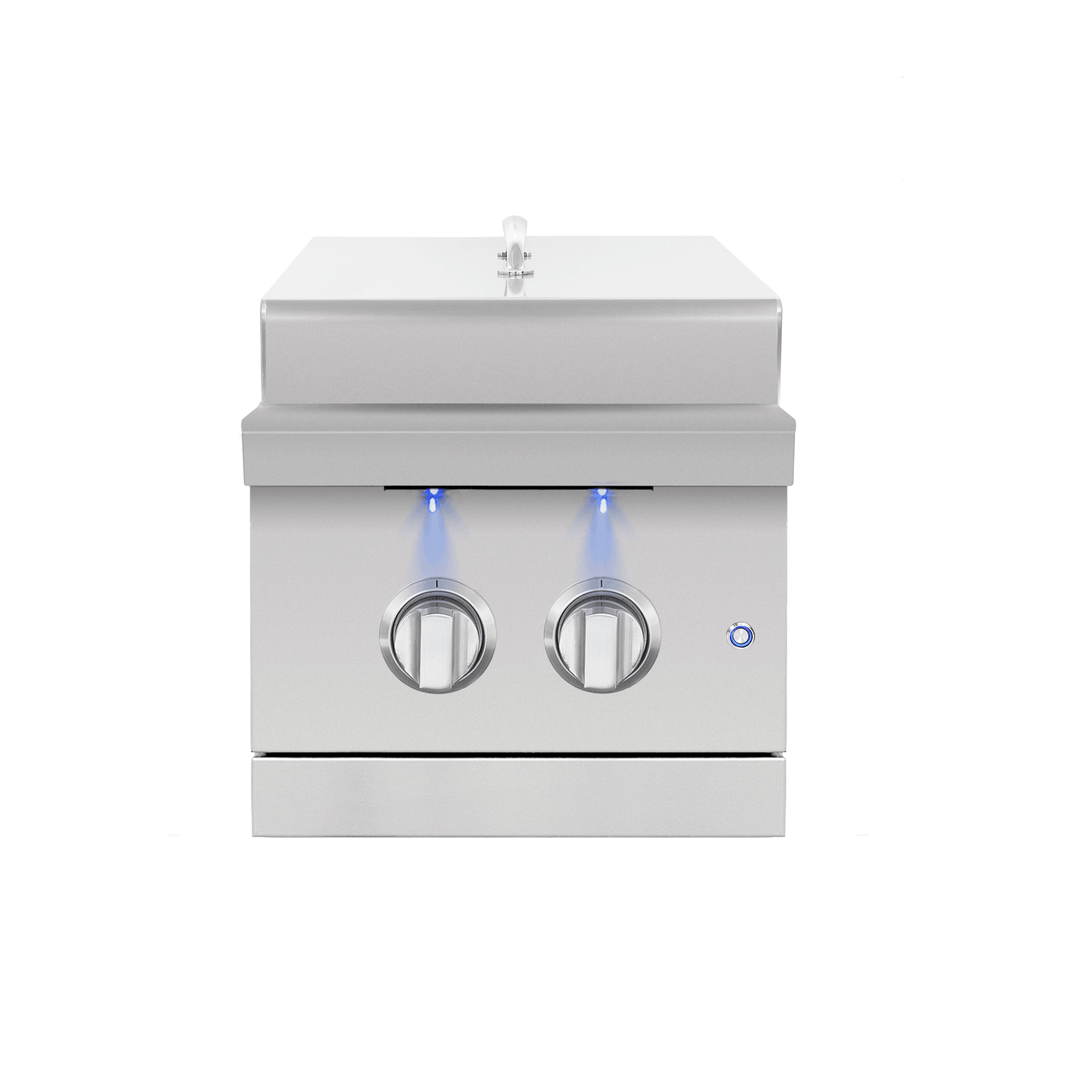 Encore Double Side Burner, protective stainless lid in place, front view