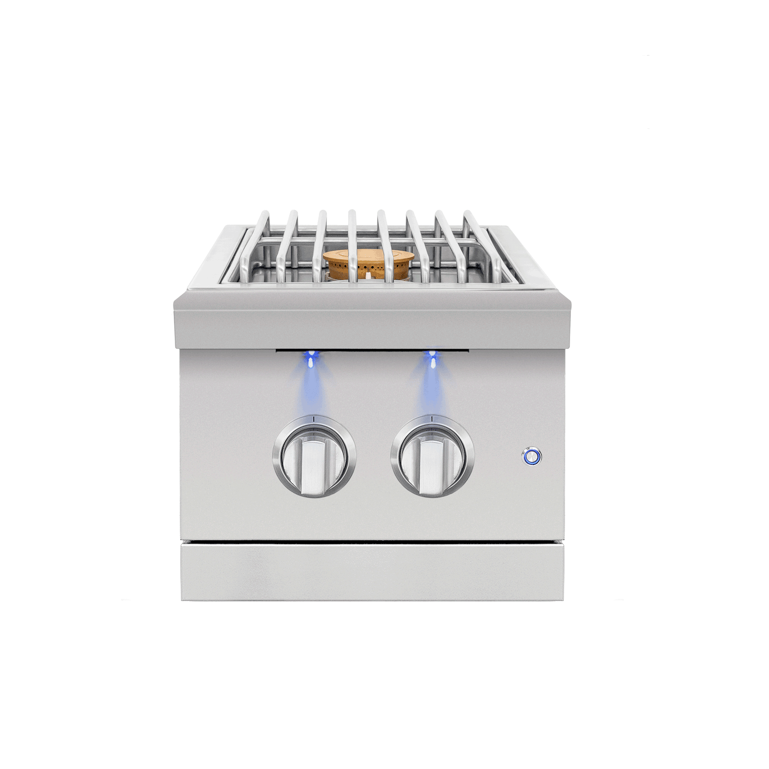 Encore Double Side Burner, lid off, dual burner grates exposed