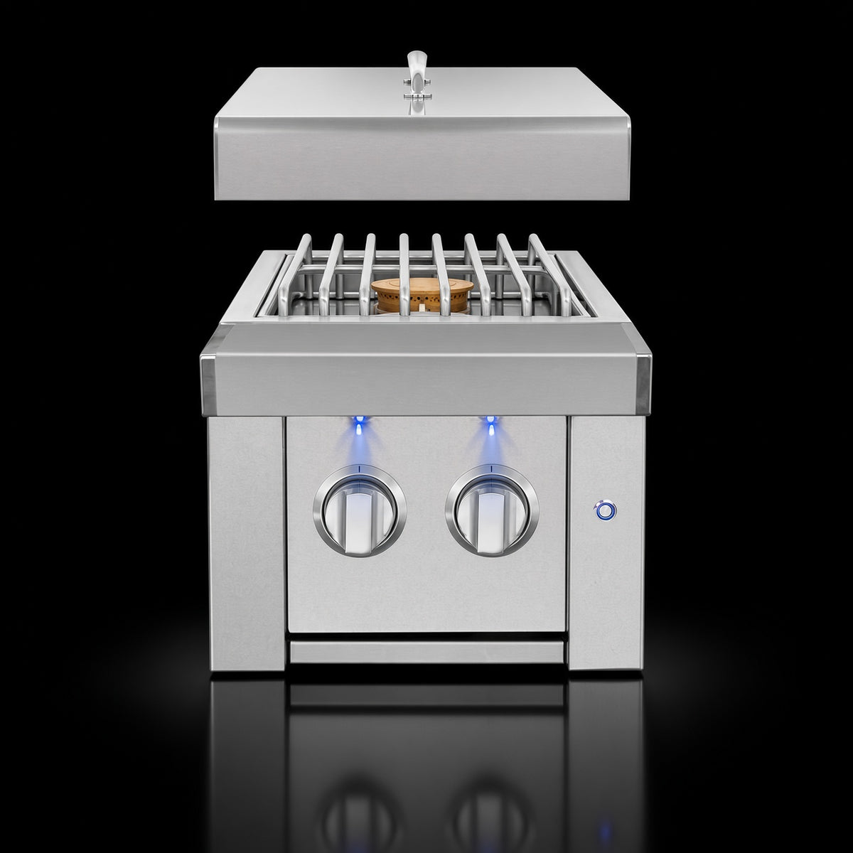 Estate Double Side Burner, angled view showing closed and open lid positions with illuminated knobs